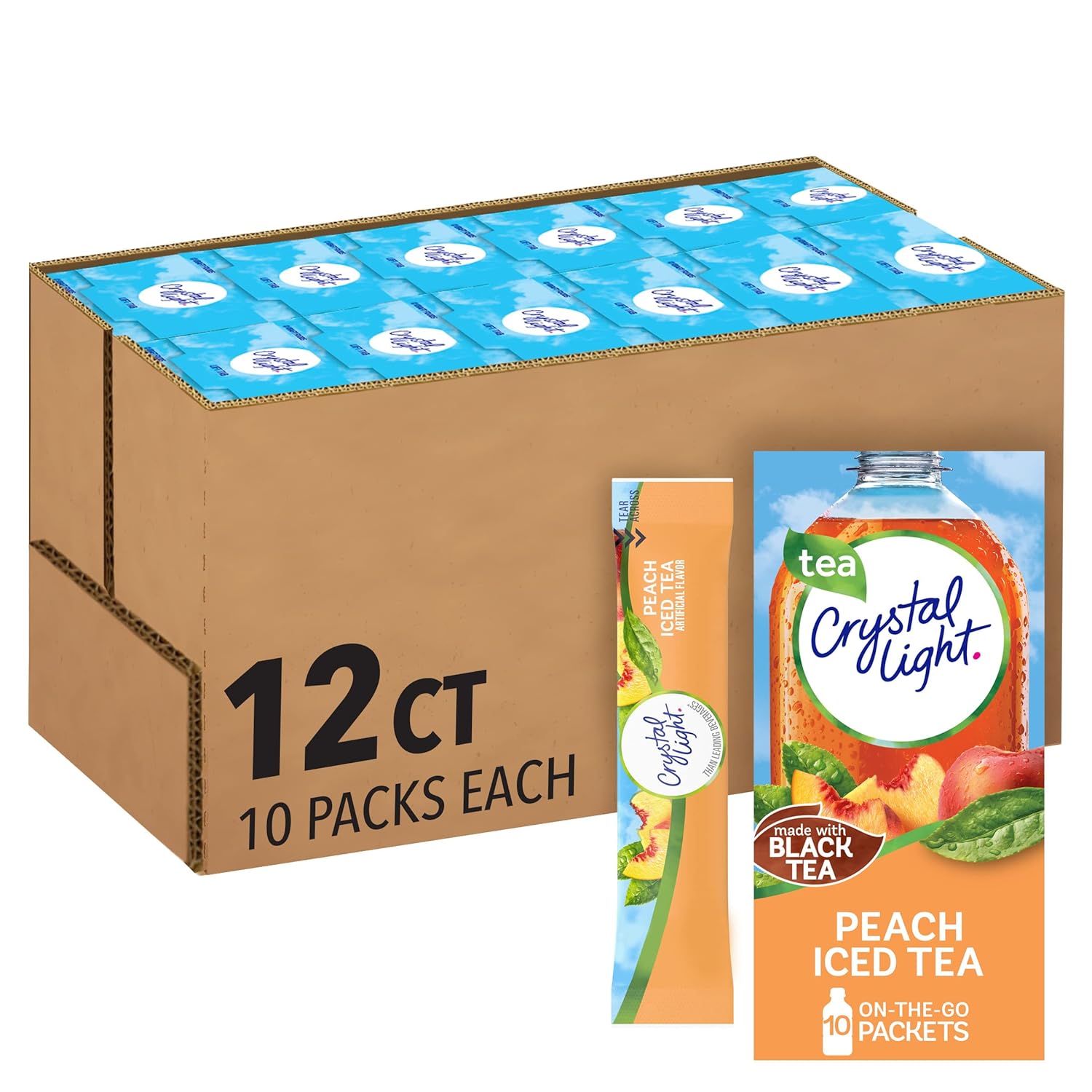 Crystal Light Peach Iced Tea Artificially Flavored Powdered Drink Mix, 120 ct Pack, 12 Boxes of 10 On-the-Go-Packets