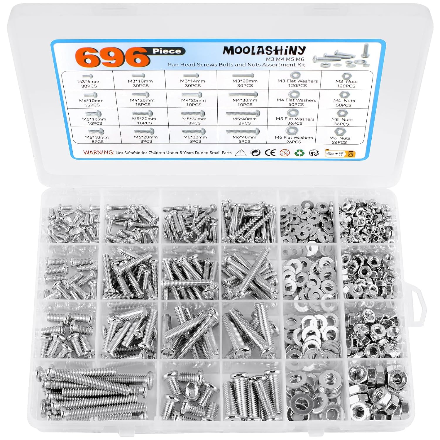 696Pcs Screws nuts and bolts assortment, 16 Sizes M3/M4/M5/M6 Cross Pan Head Screws Nuts Flat Washers Assortment Kit, Machine Screws Assorted Nuts and Bolts Set