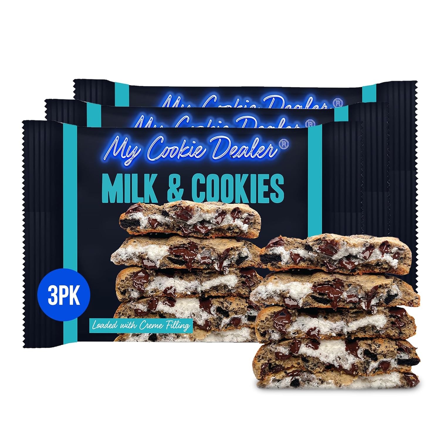 My Cookie Dealer Soft Baked Cookies, Milk & Cookies (3-Pack, 4oz Cookie) - Oreo Batter with Chocolate Chips & Chunks, filled with Vanilla Creme - Individually Wrapped Travel Snacks