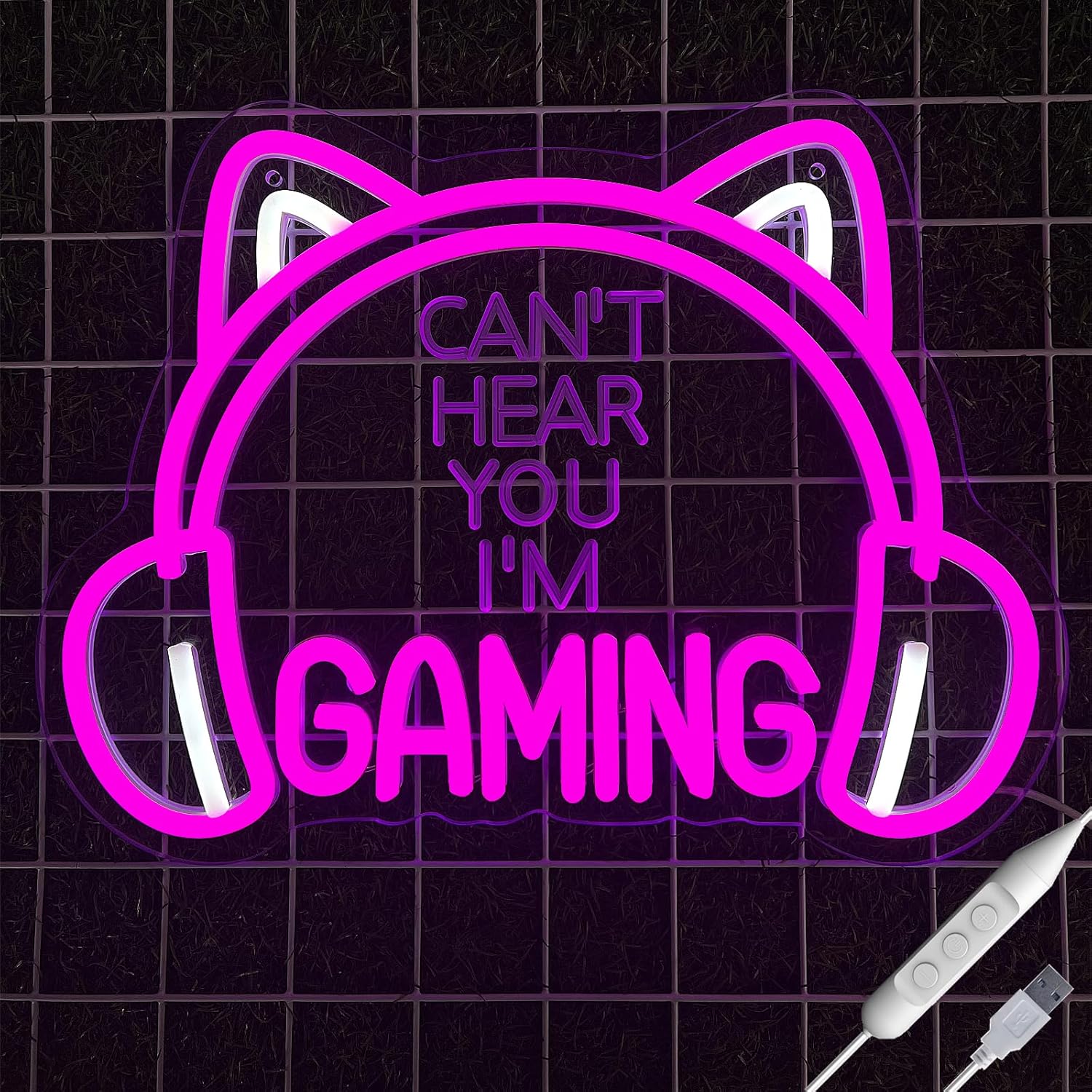 Pink Cat Ear Gaming Neon Sign - LED Headphone Light for Girls Room, Streamer Setup, USB Powered, Dimmable Kawaii Decor, Gifts for Female Gamers, Valentine's Day(16x12 Inch)（CAN'T HEAR YOU I'M GAMING）