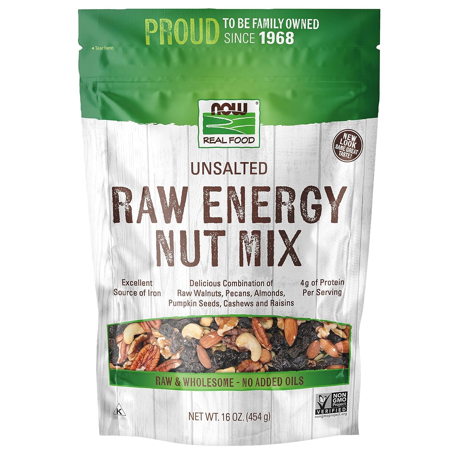 NOW Foods, Raw Energy Nut Mix, Unsalted Mix of Raisins, Walnuts, Peacans, Almonds, Pumpkin Seeds and Cashews, Great-Tasting, Source of Iron, 16-Ounce (Packaging May Vary)