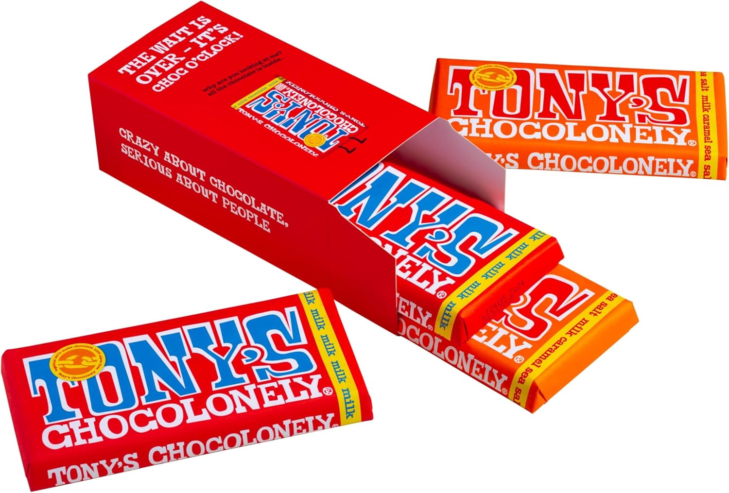 Tony's Chocolonely Milk Chocolate plus Milk Caramel Sea Salt Bars in Gift Box, 180 g x 4 Bars (2 of each flavour) - Belgian Fairtrade Chocolate, Multipack