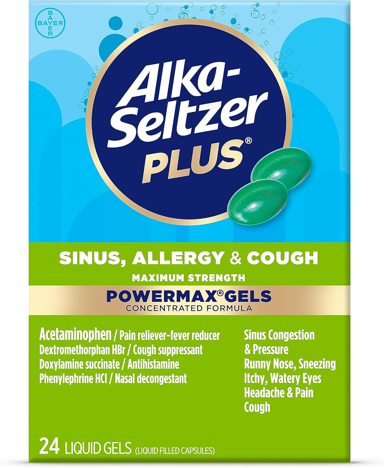 Alka-Seltzer Plus Maximum Strength Power Max Sinus, Allergy and Cough Medicine for Adults and Children 12 Years and Older - Relieves Symptoms from Allergies, Colds or Hay Fever, 24 Count