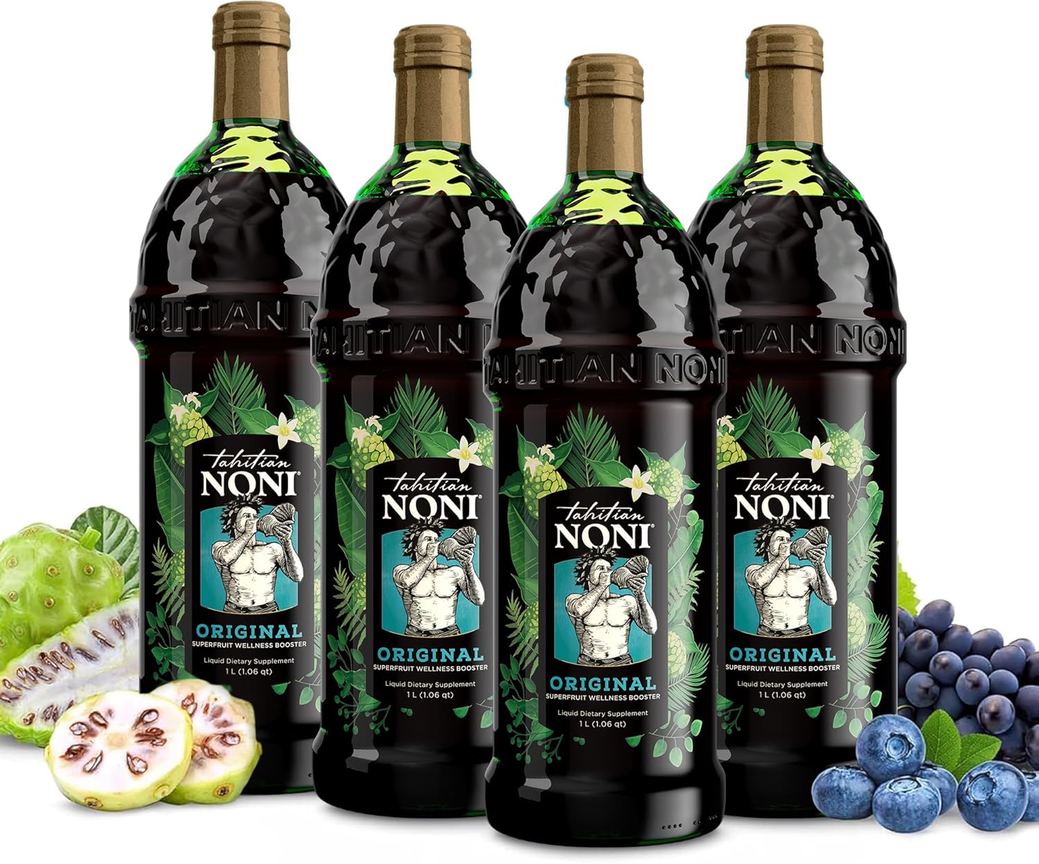 TAHITIAN NONI Juice by Morinda, Original and Authentic, Noni Fruit Puree from Tahiti with Natural Blueberry & Grape (Resveratrol), All-Natural Daily Wellness Drink - 4 One Liter Juice Bottles Per Case