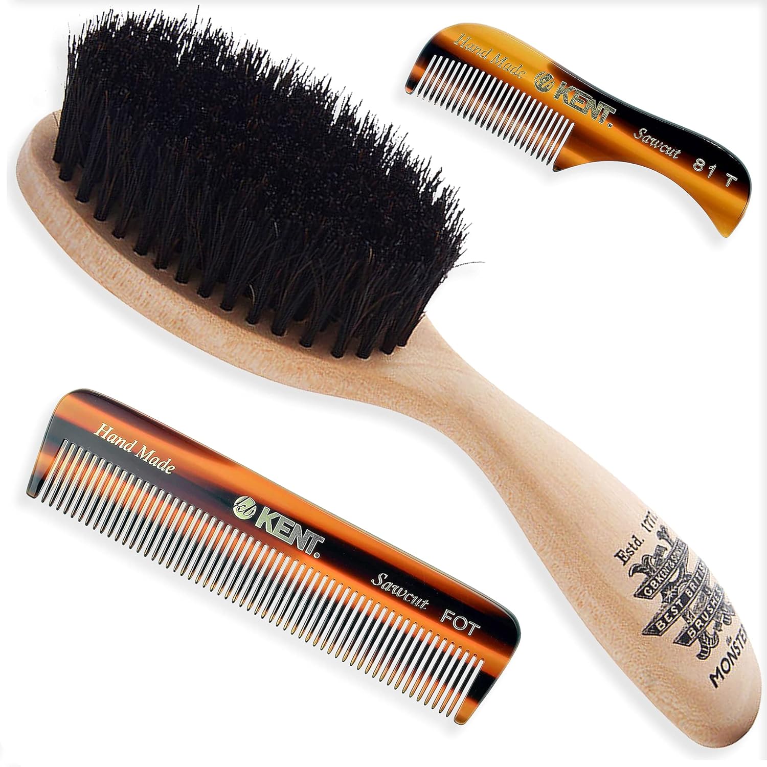 Beard & Mustache Grooming Kit - Kent BRD5 Boar Bristle Brush + Kent 81T & A FOT Sawcut Fine Tooth Combs for Men's Care