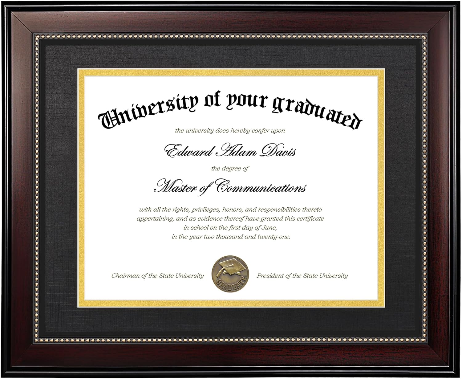 upsimples 11x14 Diploma Frame with High Definition Glass, Display 8.5x11 Certificate with Black over Gold Mat, Degree Document Frame for Wall and Tabletop, Mahogany with Gold Beads, 1 Pack