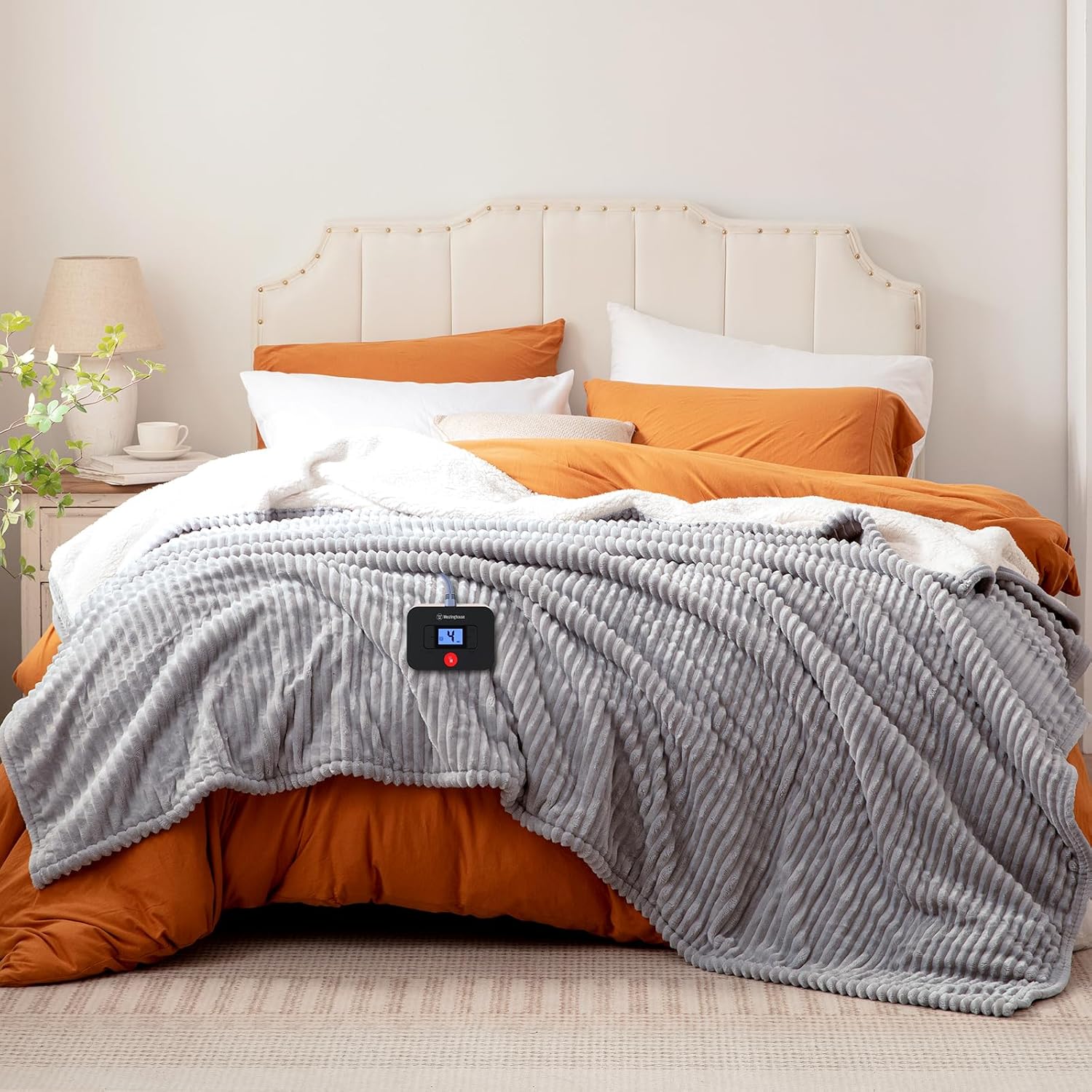 Westinghouse Electric Blanket Twin, Soft Ribbed Flannel to Sherpa Heated Blanket with 10 Heating Levels & 1-12 Hours Auto Shut Off, Fast Heating & Machine Washable, 62x84 Inch, Light Grey