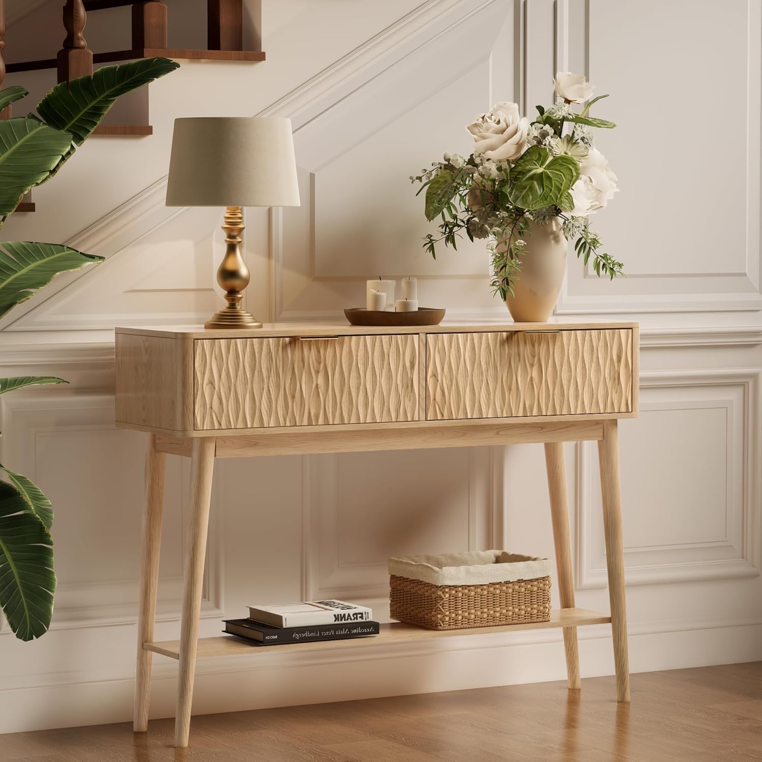 Console Table with Solid Wood Legs, Boho Modern Entryway Table with Storage Drawers, Fluted Narrow Sofa Table for Hallway,Living Room, Light Oak