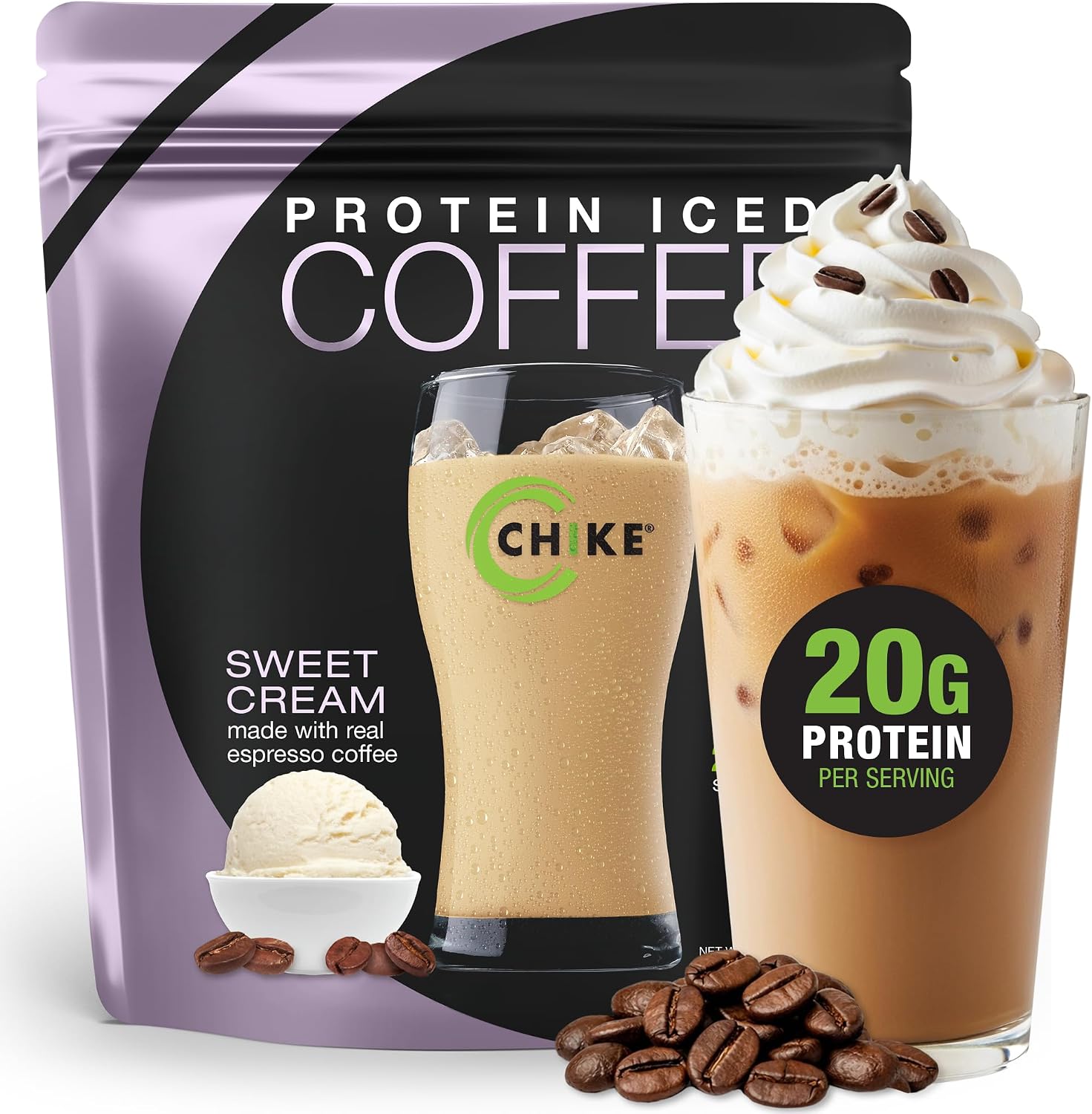 Chike Sweet Cream High Protein Iced Coffee, 20 G Protein, 2 Shots Espresso, 2 G Sugar, Keto Friendly and Gluten Free, 14 Servings (17.8Ounce) | 20g whey protein, 2 espresso shots, 150mg caffeine, 2g sugar per serving; keto friendly, gluten free