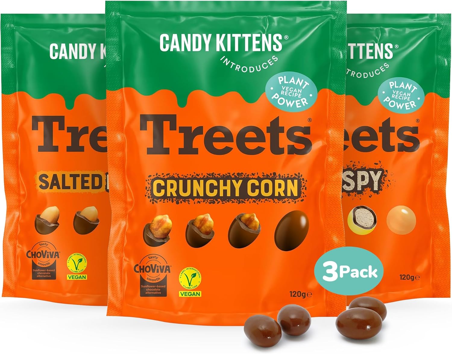 Candy Kittens Big Box Crunchy Treets, 3-in-1 Vegan Chocolate Mixed, (120g Each, Pack of 3) – Crunchy Corn, Crispy & Salted Peanuts, Plant-Based Snack, Vegan Gifts Made with Cocoa-Free Choviva Shell