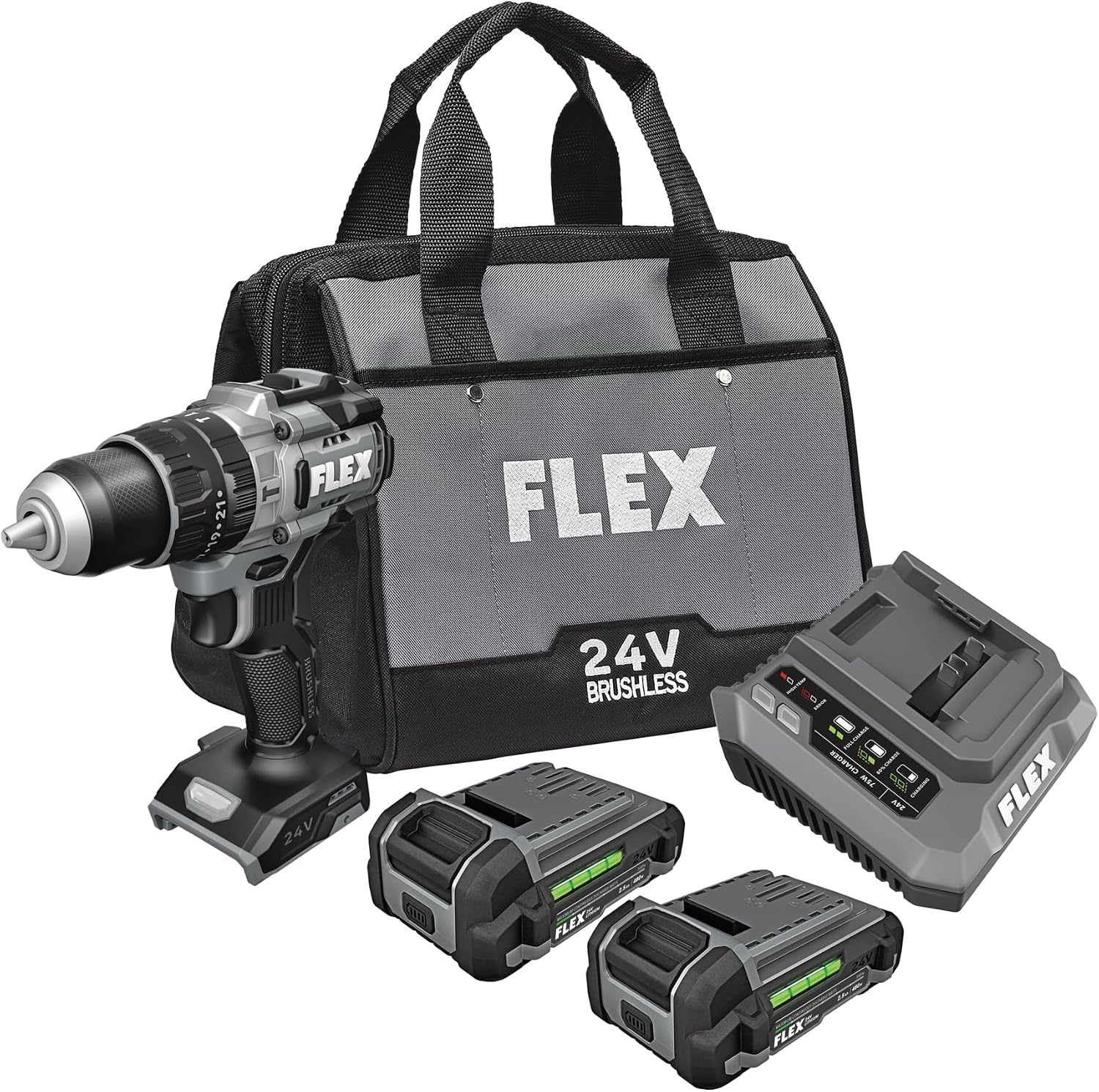 FLEX 24V Brushless Cordless 1/2-Inch 1,000 In-Lbs Torque 2-Speed Hammer Drill Kit with (2) 2.5Ah Lithium Batteries and 160W Fast Charger - FX1252-2A