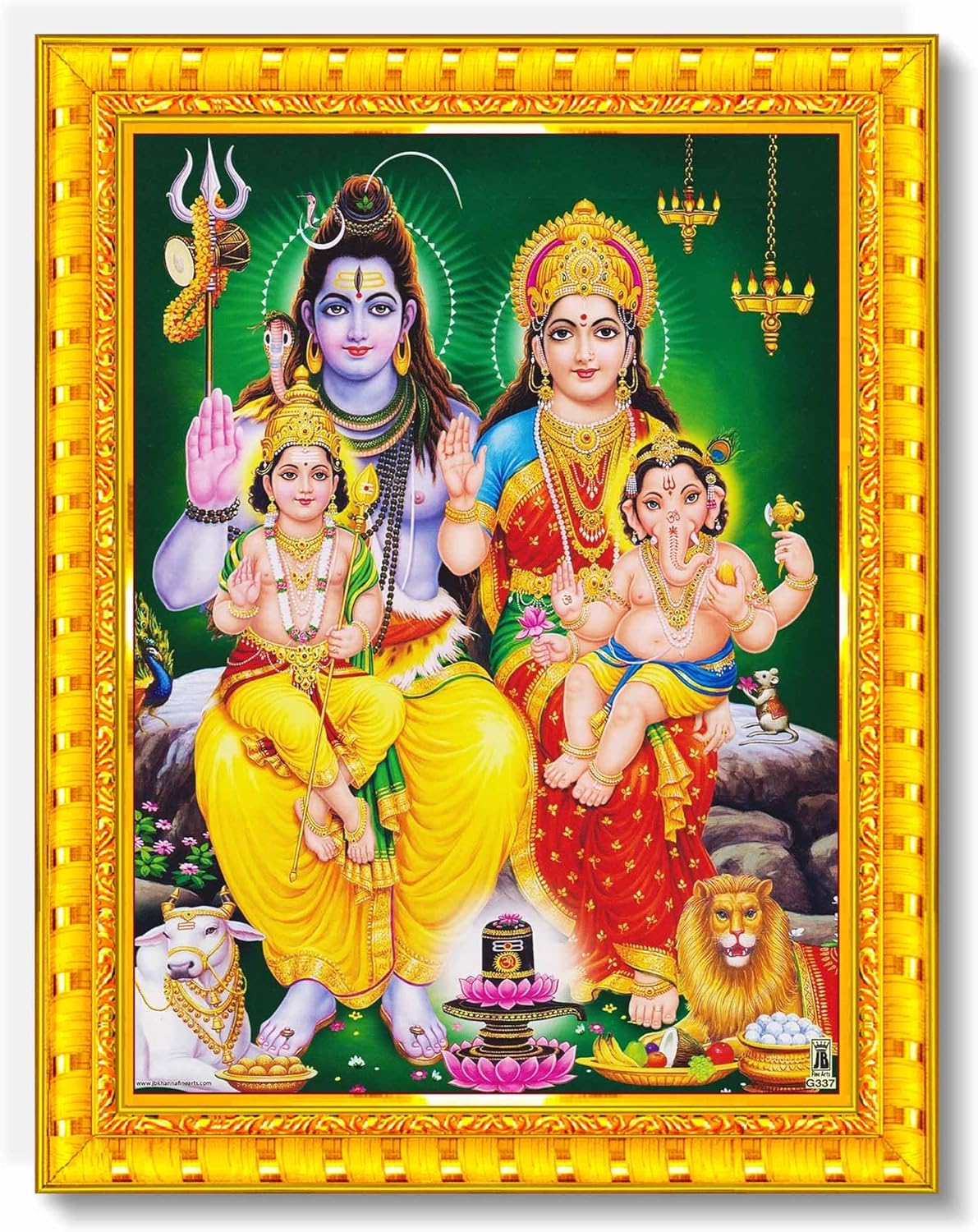 Pavan Photo Laminations Shiv Parivar Family Siva Parvati Lord Shiva Wall Painting Framed Home Decor (Wood,Matte,Gold,Small Size,6 x 8 Inch) R145S