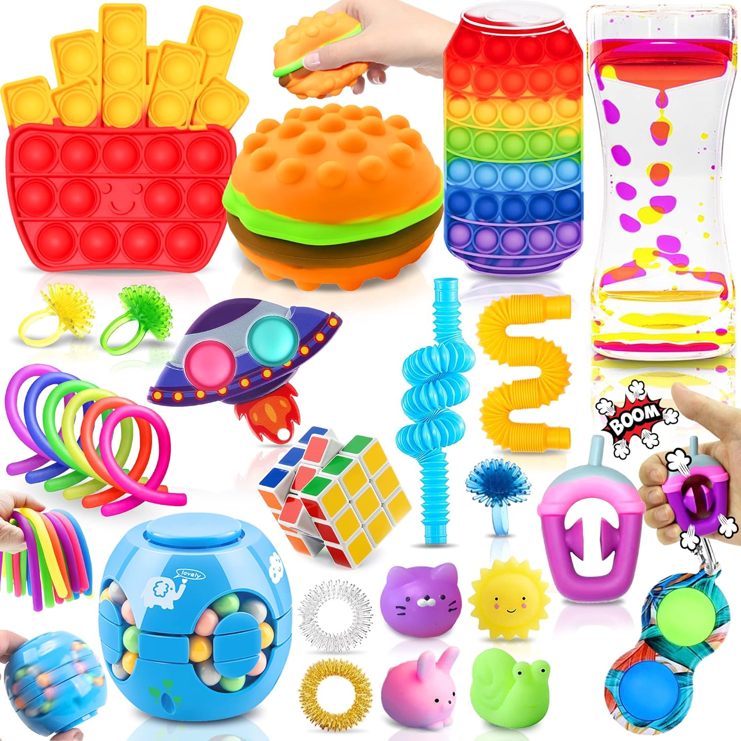 Paochocky Fidget Toy Set, 26PCS With Box Fidget Pack, Sensory Anxiety Relief Stress Toys for Autism, Fidget Toy in Rainbow, Fries Burger Relaxing Entertainment Birthday Gift for Kids Adults
