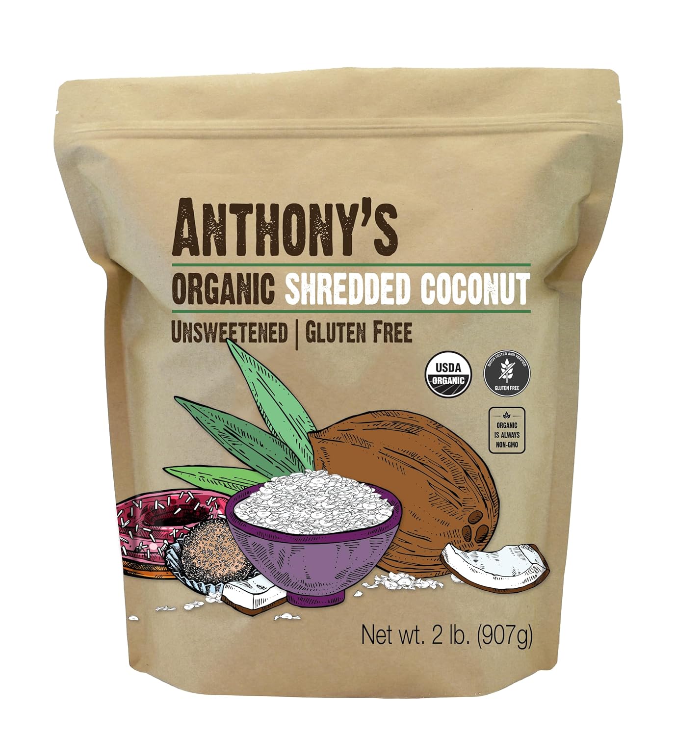 Anthony's Organic Shredded Coconut, 2 lb, Unsweetened, Gluten Free, Non GMO, Vegan, Keto Friendly