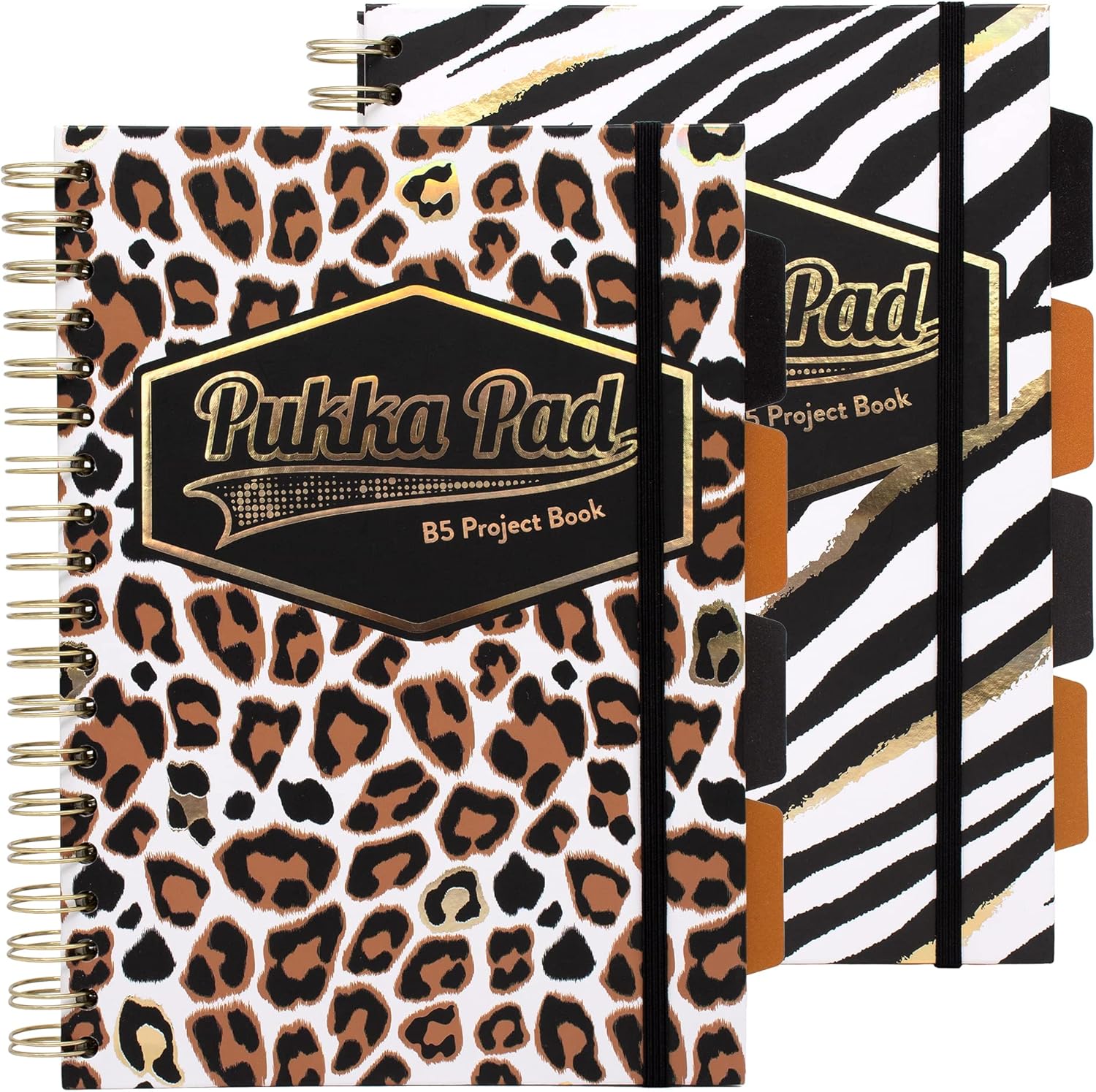 Pukka Pad, Wild B5 Hardback Project Books – Pack of 2 Wirebound Notebooks with Zebra and Leopard Print Design – Includes 4 Repositionable Dividers and Elasticated Closure