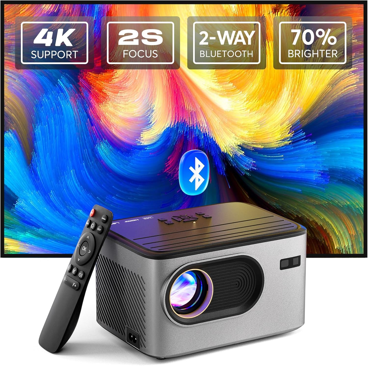 [2s Focus Remote] PANSEBA 4K Projector Native 1080P Outdoor Movie Projector, Bluetooth 5.2 Portable Mini Projector for Home Theater, Compatible with Smartphone/HDMI/USB/TV Stick