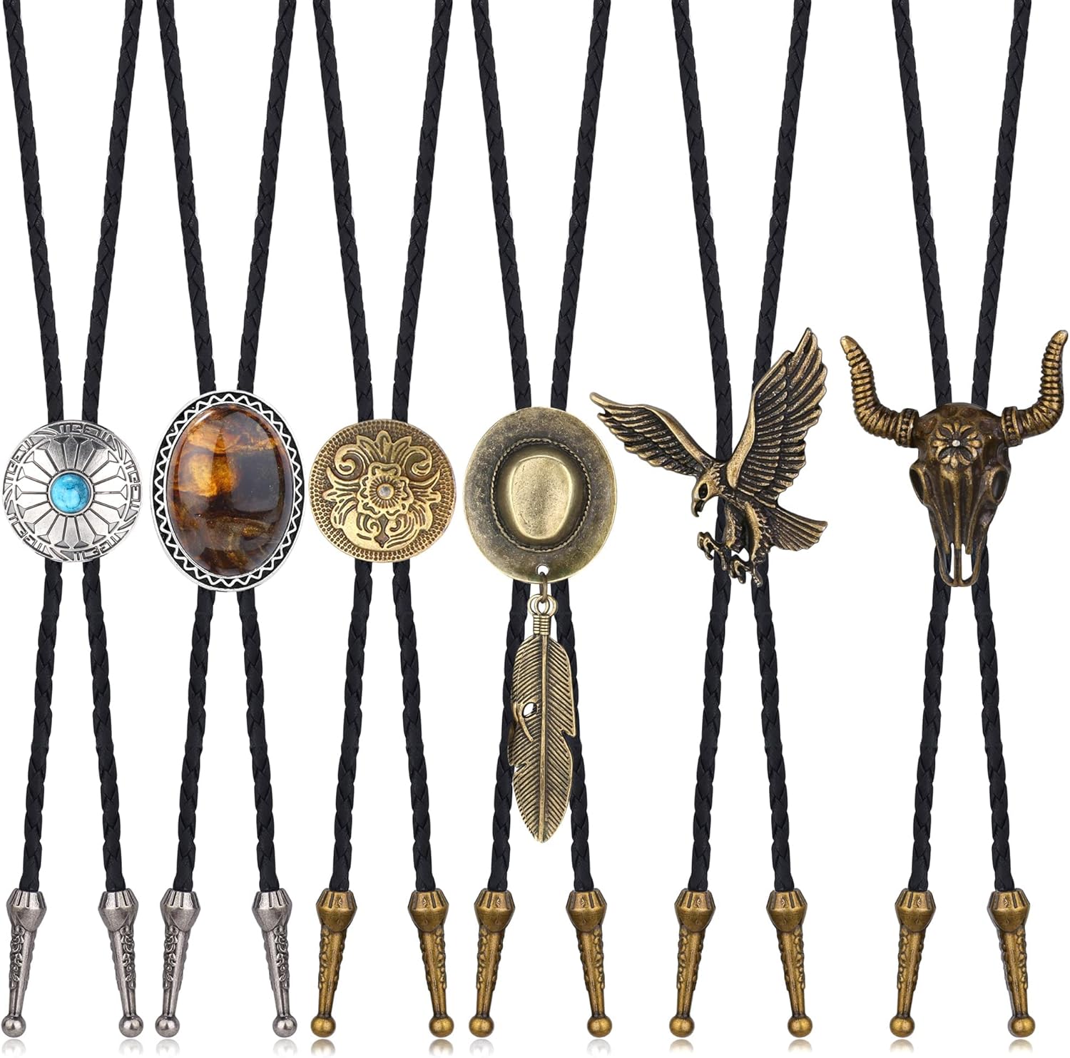 YADOCA 6 Pcs Leather Bolo Tie Turquoise Handmade Round Shape Western Cowboy Black Leather Necktie Bola Tie for Men Women