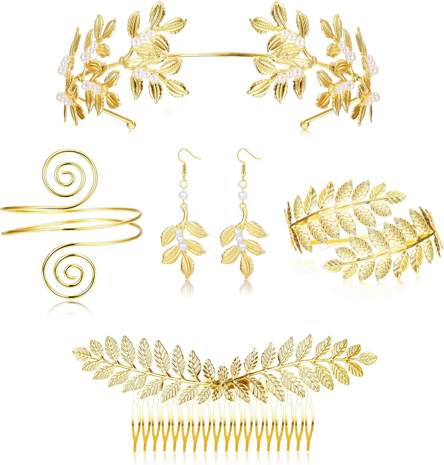 LOYALLOOK 5Sets Grecian Goddess Costume Accessories Set Greek Leaf Headband Coil Bracelet Artificial Pearl Earrings Golden Leaves Bridal Hair Comb for Women Wedding Party