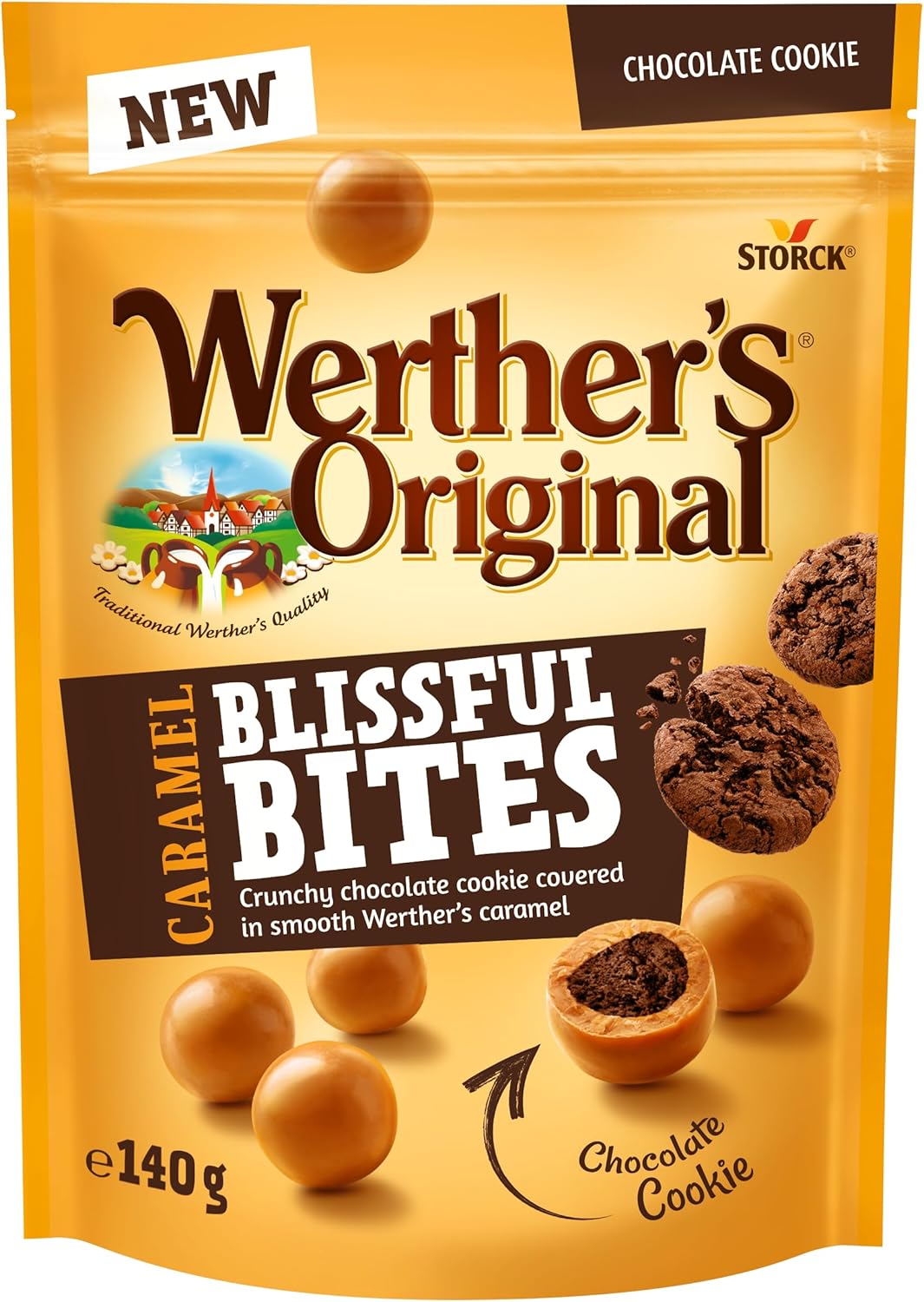 Werther's Original Caramel Blissful Bites, Sweet Caramel With Cookie Crunch Flavour, Vegetarian, 140 g (Pack of 1)