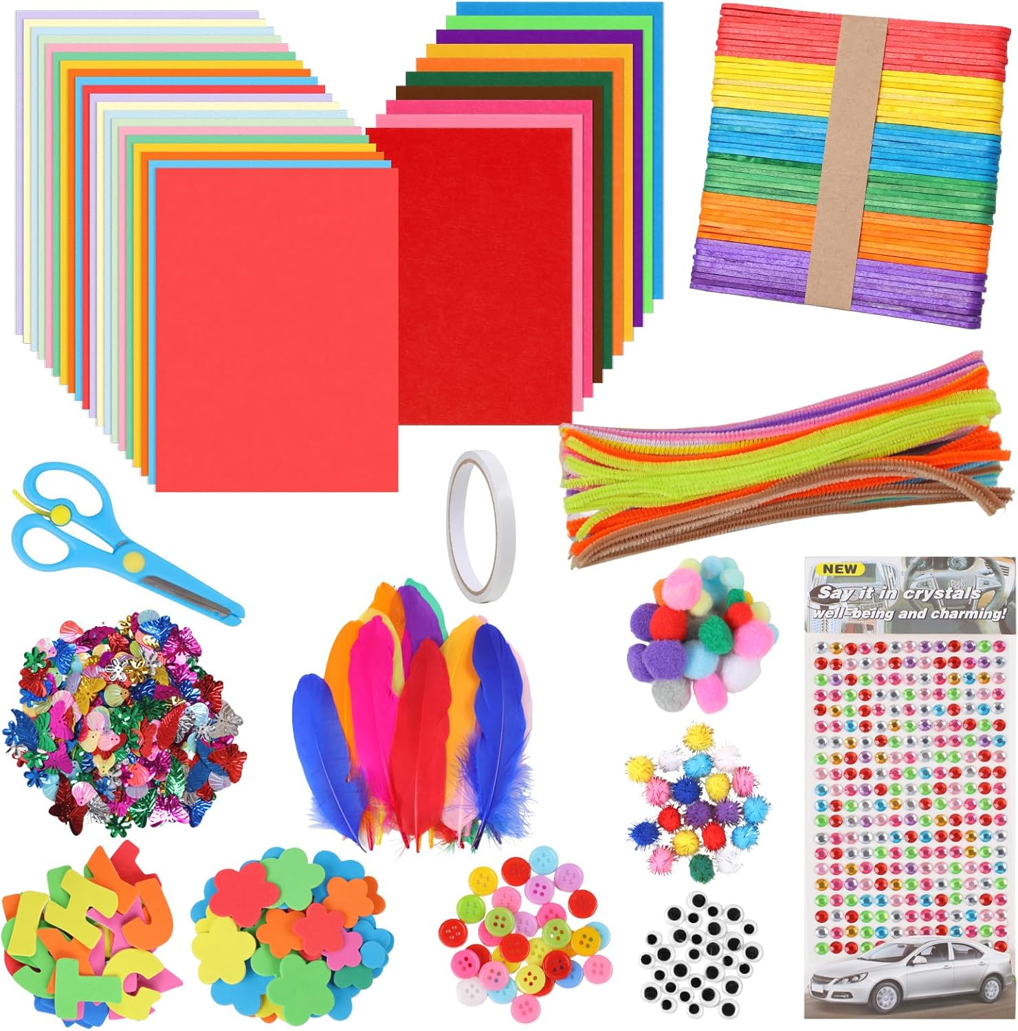 Craft Kits for Kids 6-12, Arts and Crafts Set Includes Colorful Kraft Paper, Felt Sheets, Pipe Cleaners, Pom Poms, Feather and Foam Stickers - Christmas Gifts DIY for Toddler Boys and Girls