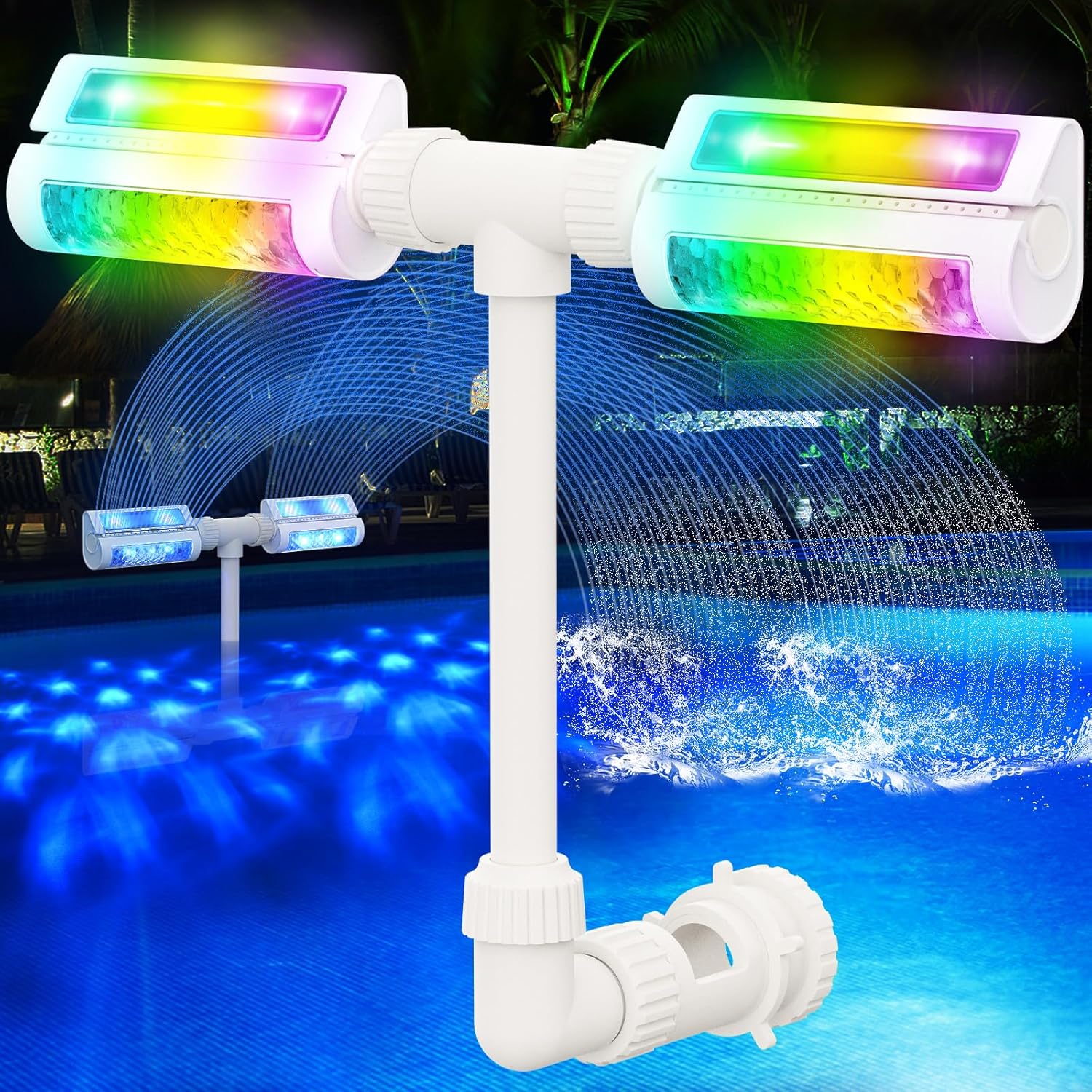 Likiyol 2025 2-in-1 Pool Fountains with Lights for Above and In-Ground Pools with Remote Control 16-Color LED Light, 360° Adjustable Dual Spray Pool Waterfall Sprinkler Fountain for Cooling Relaxation