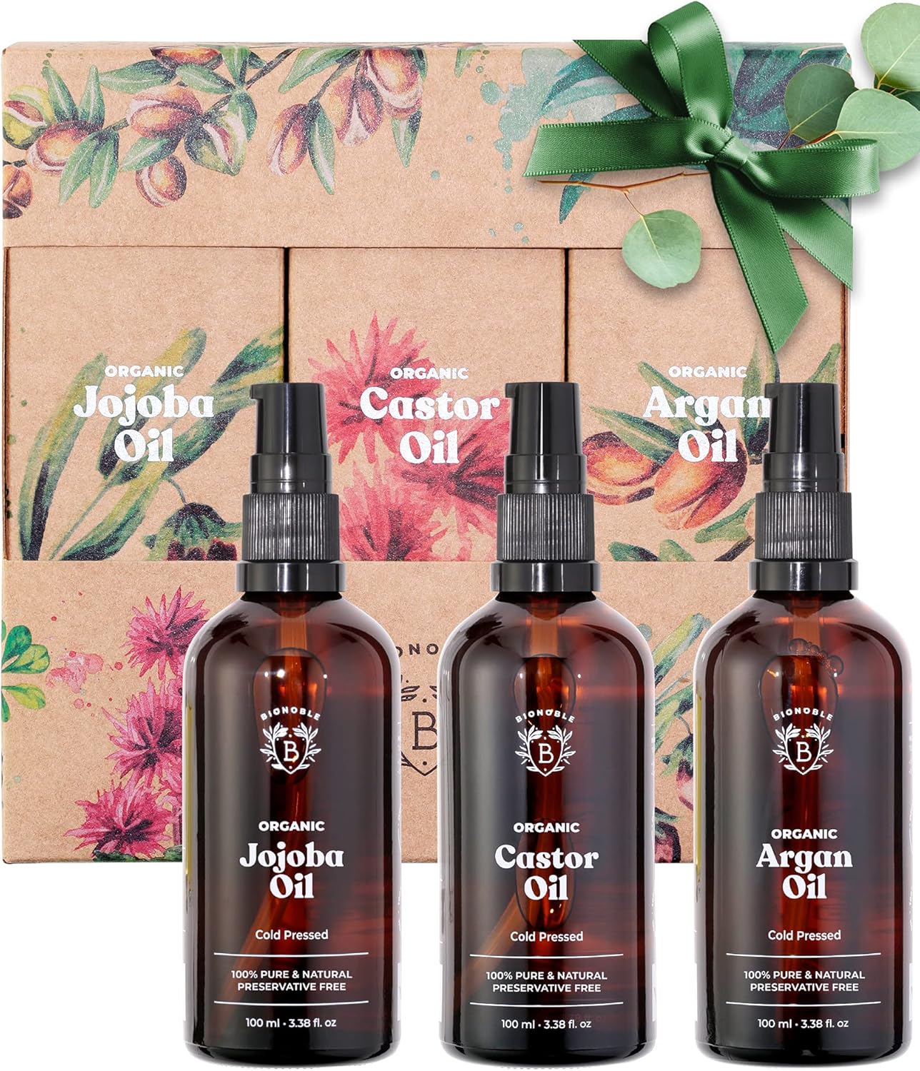 Bionoble Skincare Set 3x100ml - Organic Castor Oil, Argan Oil and Jojoba Oil - Face, Body and Hair Care - Birthday Gifts for Women