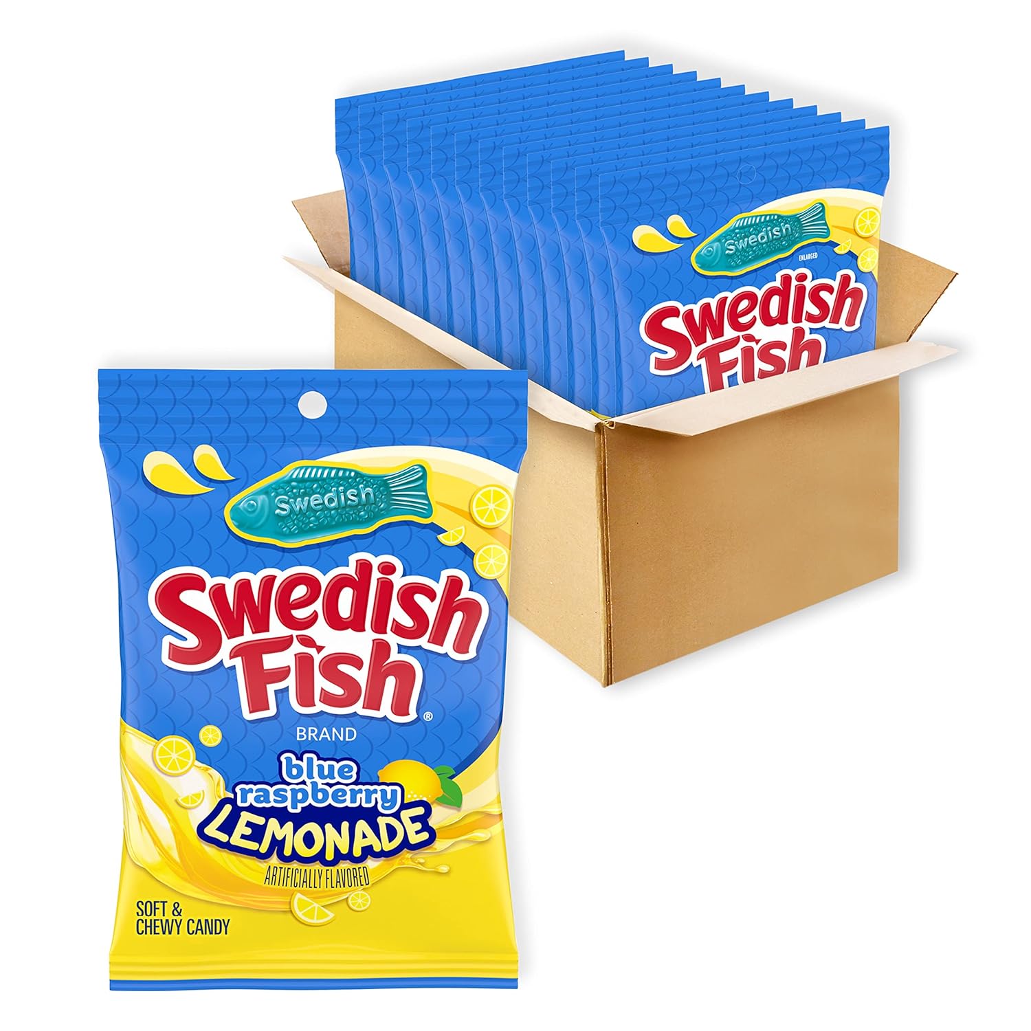SWEDISH FISH Blue Raspberry Lemonade Soft & Chewy Candy, Bulk Candy, 12-8.04 oz Bags