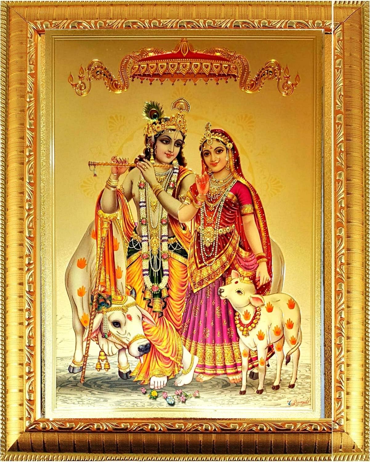 Gold Plated Hindu Bhagwan Devi Devta Radha Krishna Photo Frame for Pooja, Wall Decor