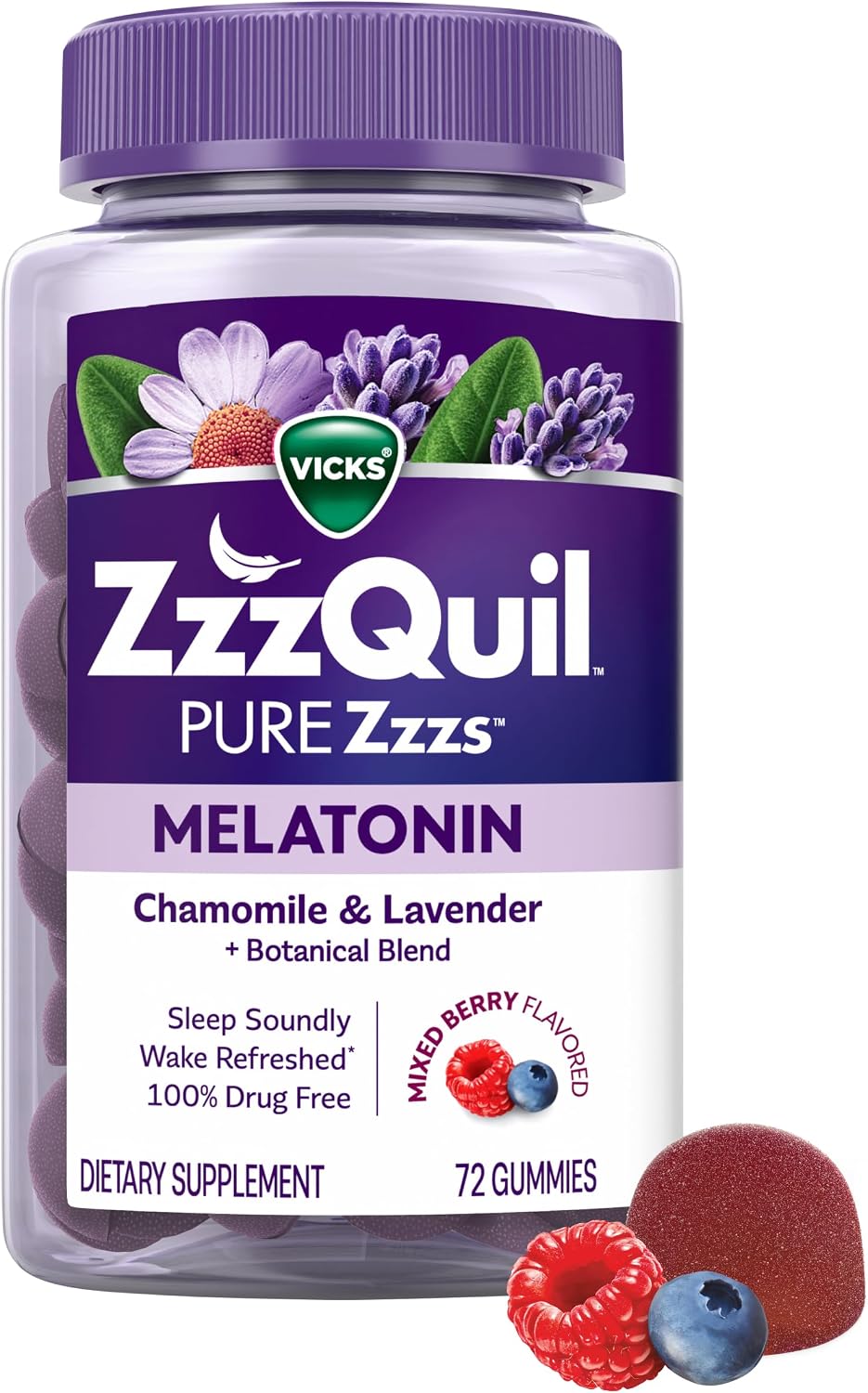 ZzzQuil, Pure Zzzs Melatonin Gummies, Sleep Aid, Melatonin 2mg, with Chamomile and Lavender, Melatonin Sleep Gummies, Sleep Aids for Adults, Wildberry Vanilla Flavored, 72 Sleep Gummies
