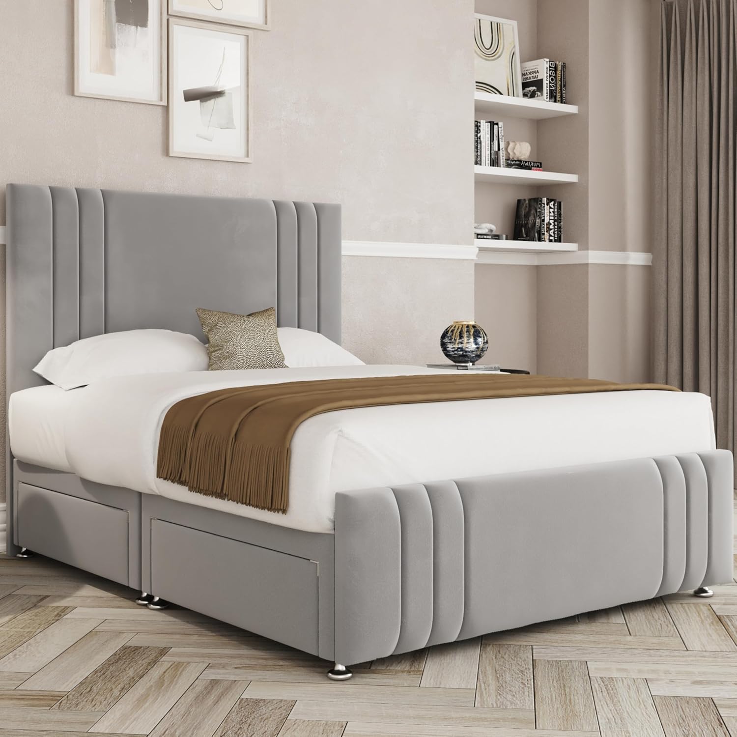 Ripon with Footboard Divan Double Bed and Mattress Included, Headboard & 4 Drawers | Silver Grey Plush Fabric | British Timber | Sustainable Handcrafted Design
