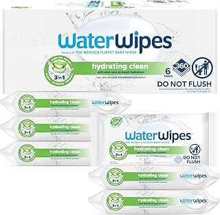 WaterWipes Hydrating Clean Baby Wipes, 99% Water-Based Formula with Aloe Vera to Hydrate & Clean Skin, Unscented & Hypoallergenic, 360 Count (6 Packs)