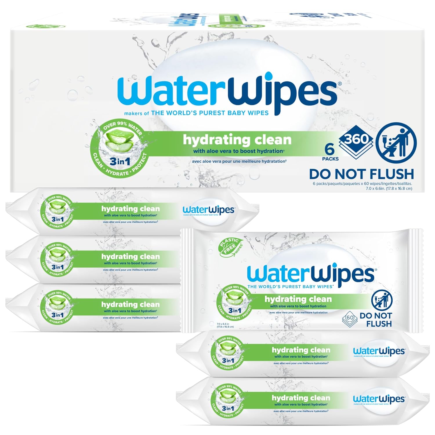 WaterWipes Hydrating Clean Baby Wipes, 99% Water-Based Formula with Aloe Vera to Hydrate & Clean Skin, Unscented & Hypoallergenic, 360 Count (6 Packs)