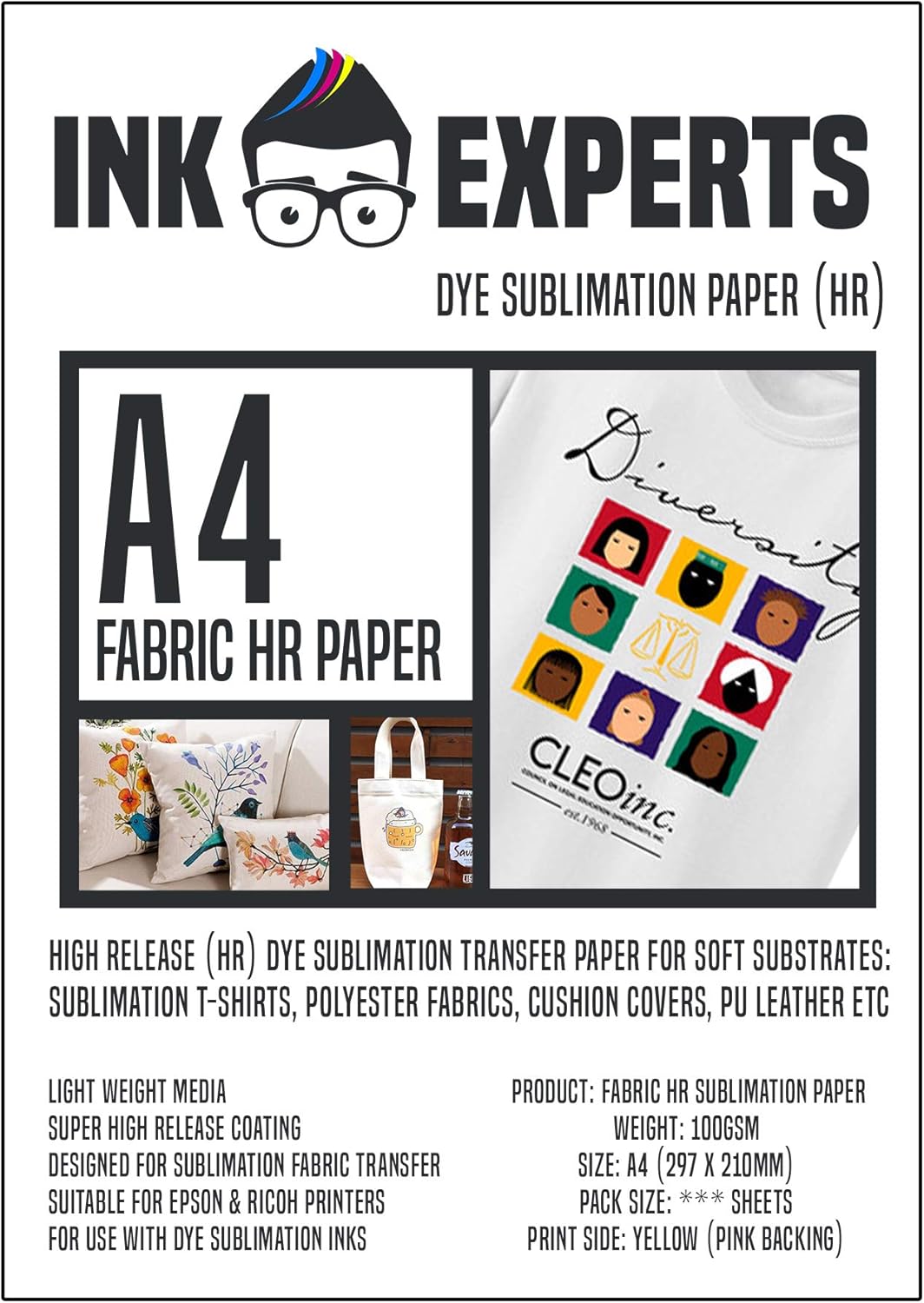 Ink Experts Fabric A4 High Release (HR) Sublimation Paper 100gsm (100 Sheets)