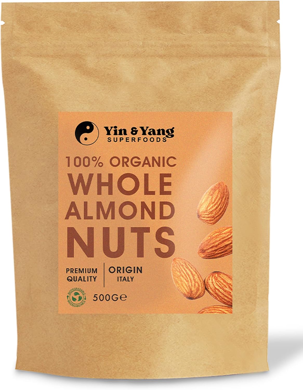 Organic Almonds 500g Whole & Raw, by Yin & Yang Superfoods. Premium Quality, High in Fibre Source of Protein, Vegan, Contains Antioxidants, Certified Organic, Sourced in Italy