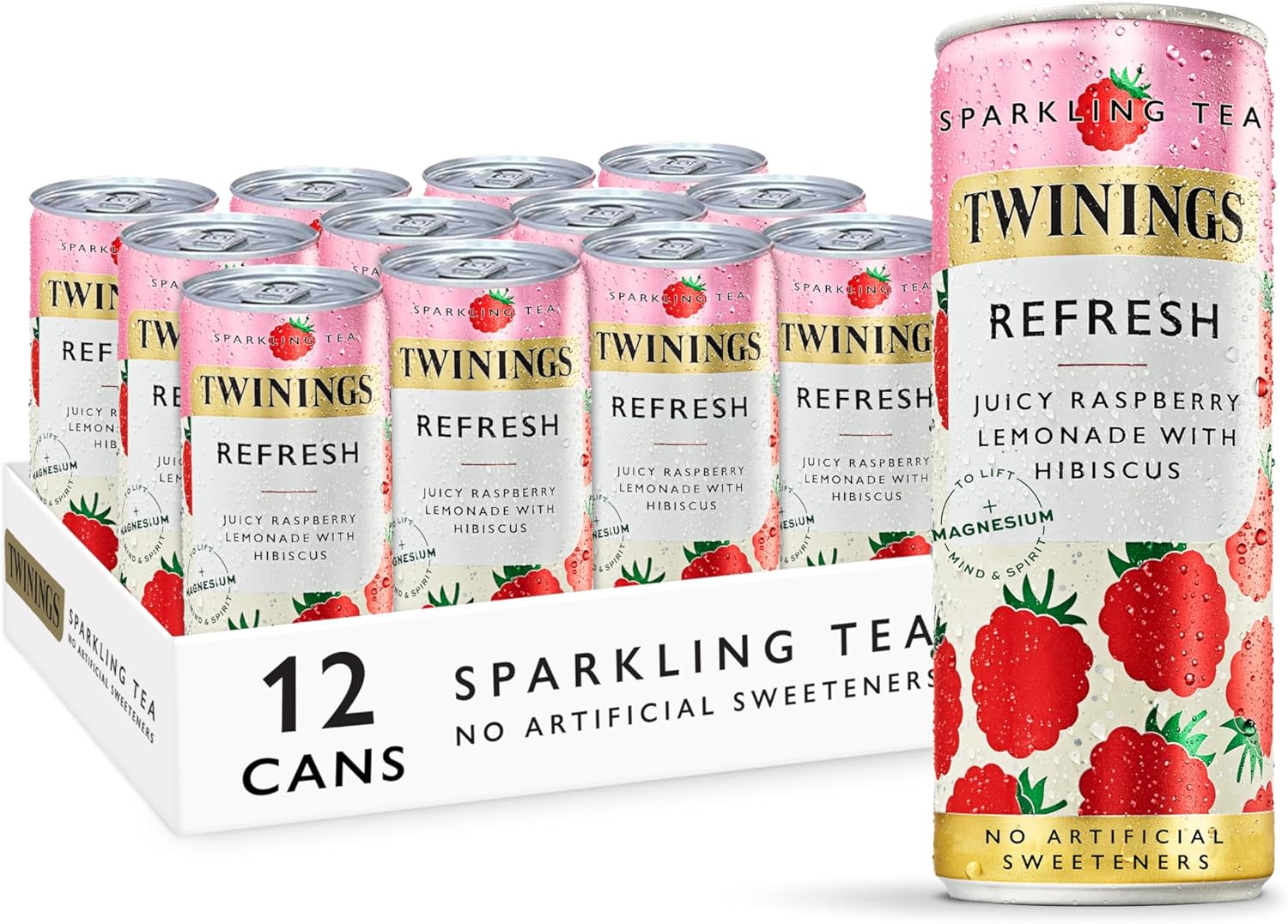 Twinings Refresh - Raspberry & Lemon Flavoured Sparkling Tea-Refreshing Fruity Beverage(12X250ml Cans)-No Added Sugar, Low in Caffeine/Calorie, Healthy Alternative,Antioxidant Rich,Vegan,Gluten Free