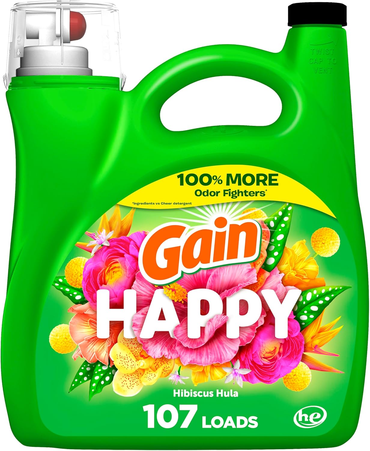 Gain Liquid Laundry Detergent, Happy, HE Compatible, 154 fl oz, 107 Loads