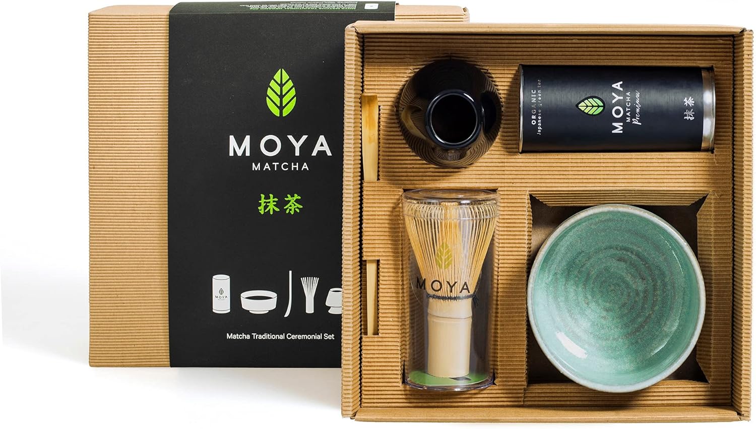 Organic Moya Matcha Green Tea Set | 30g Premium Grade (I) Pack + Bowl + Whisk + Holder + Spoon | Premium Ceremonial Grade Gift Powder Complete Preparation Kit