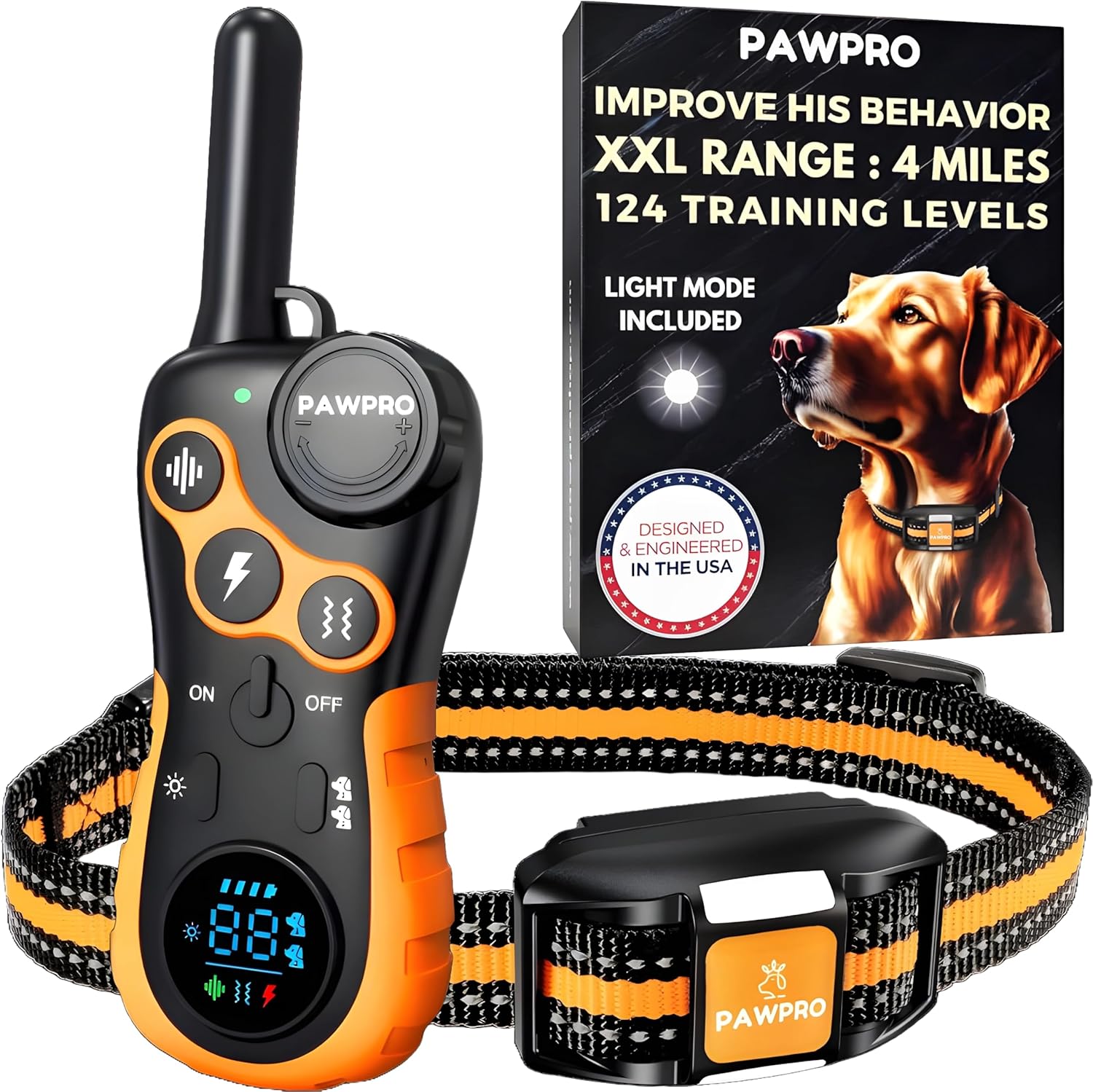 Dog Shock Collar with Remote, Unmatched 4-Mile Range, Night-Light Mode, Training Guide Included, 124 Training Levels & 4 Modes, Beep Vibration Shock, Waterproof Rechargeable, Fits All Dogs (1 Collar)