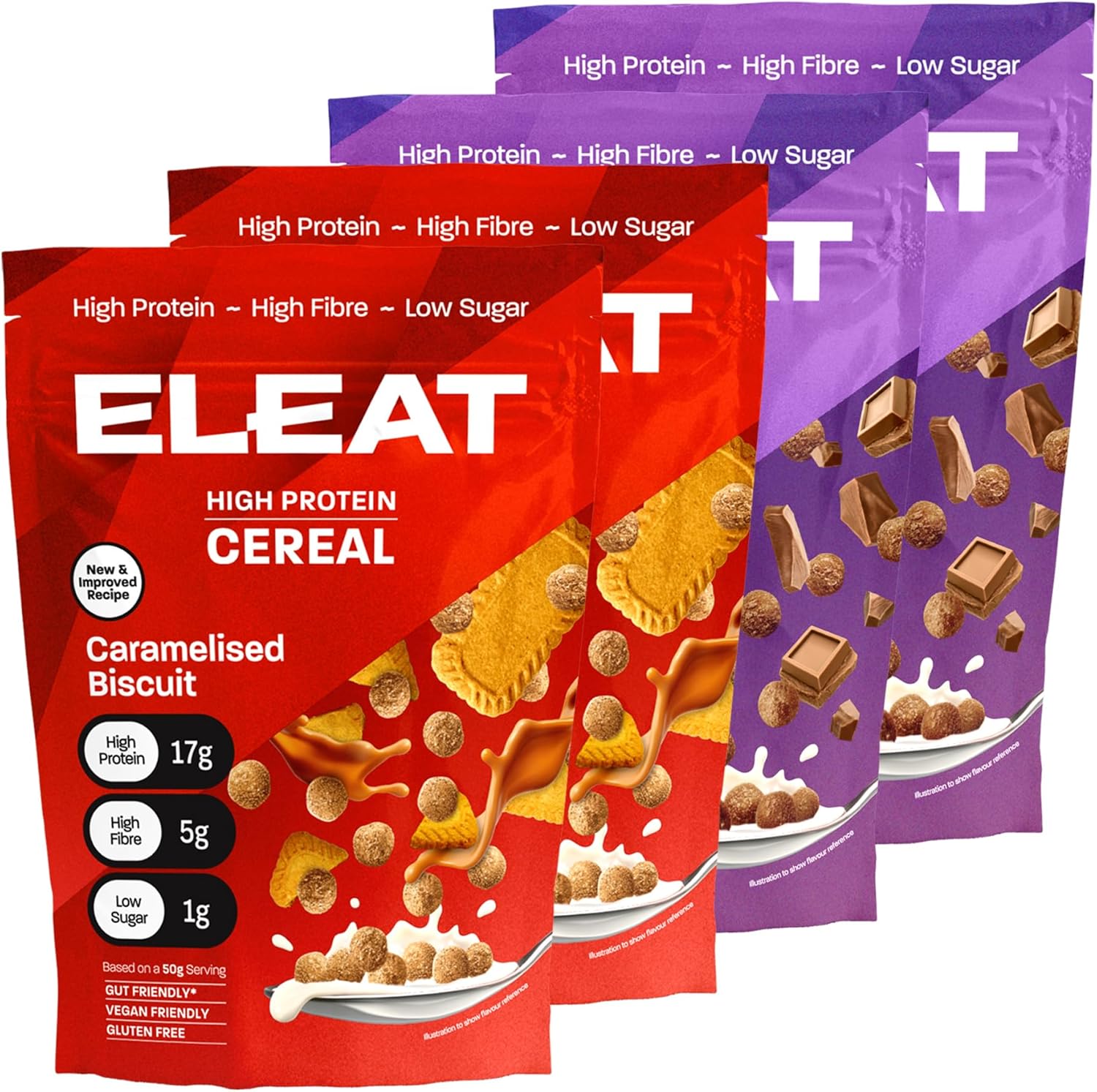 ELEAT | High Protein Cereal | Chocolate & Caramelised Biscuit Variety Pack | Low Sugar Cereals | High Fibre Cereal | Supports Your Gut Health | 4 x 250g Variety Pack
