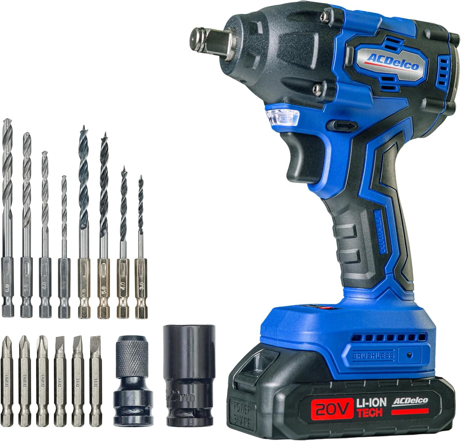 ACDelco 1/2" Square Cordless Impact Wrench, with 1500mAh 20V Battery and Charger, 2,800 RPM Brushless Motor, 340Nm Torque, 0-3,300 IPM, Accessories Included.