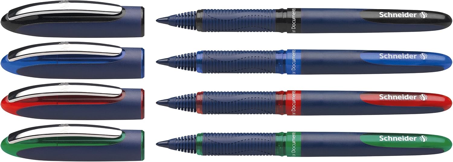 Schneider One Business Non-Retractable Ballpoint Pens with Liquid Ink, Pack of 4 (1 Black/Red/Blue/Green)