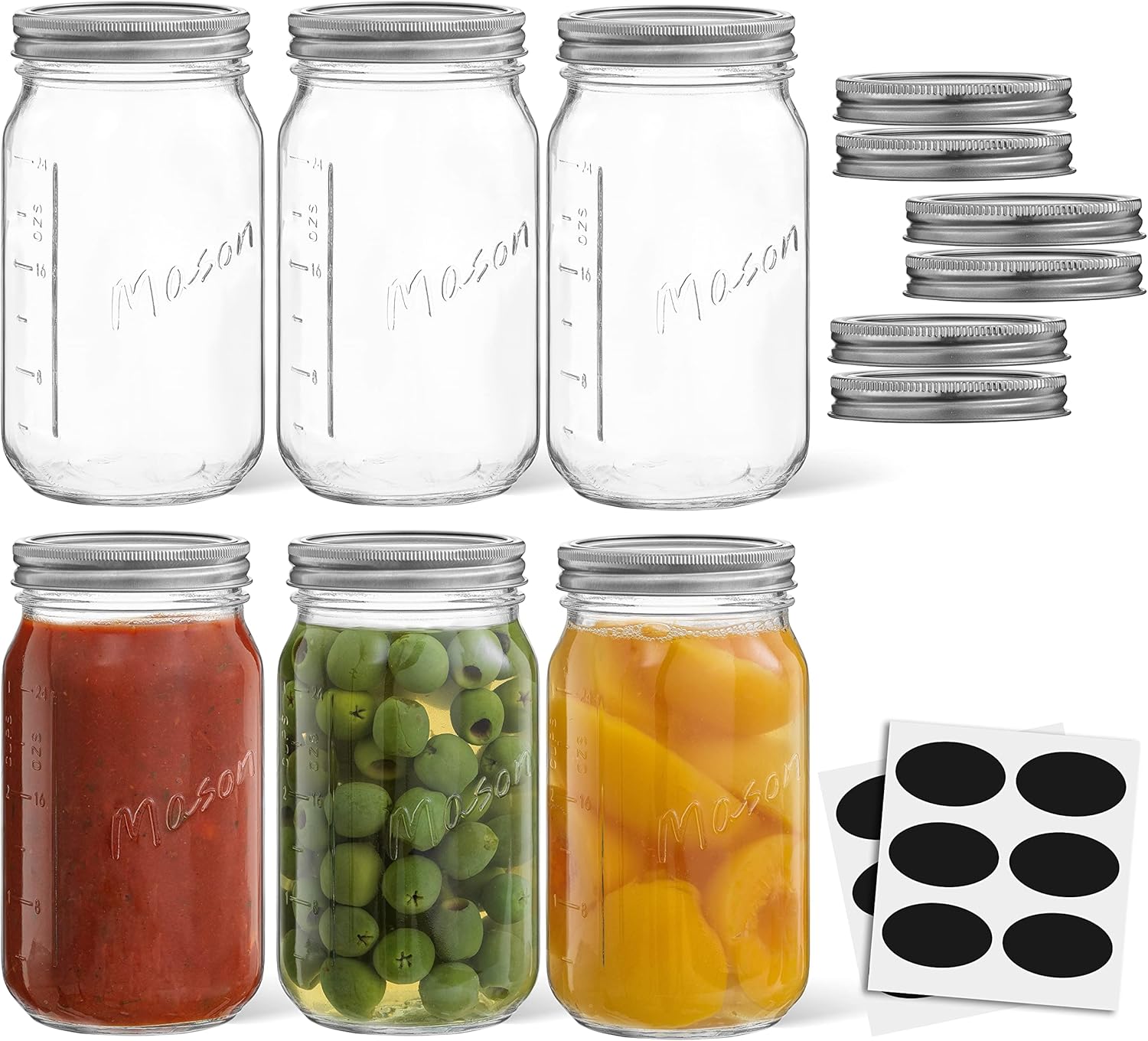 32 Oz Mason Jars With Lids, Labels and Measures! 6-Pack Wide Mouth Mason Jars, Glass Jar with Lid and Band. Airtight Canning Jars, Overnight Oats Jars, Salad Jars, Sourdough Starter Jar