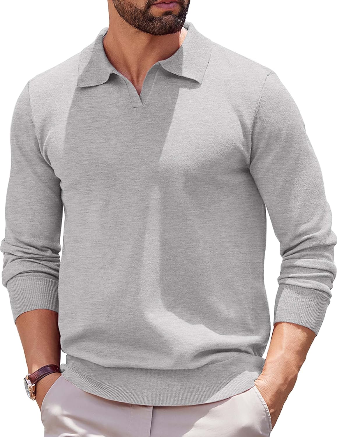 COOFANDY Long Sleeve Polo Shirts for Men Knit Polo Sweater Lightweight Ribbed Pullover Sweater