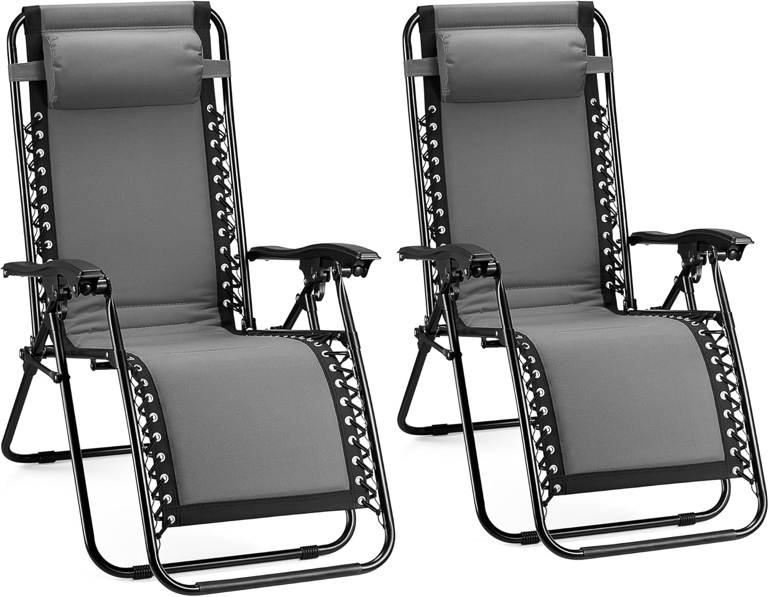 VonHaus Zero Gravity Chairs Set of 2 - Grey Reclining Sun Loungers for Garden - Padded Folding Sunloungers with Detachable Head Pillow - Fold Away 2 Set Deck Chairs for Outdoor, Patio & Decking
