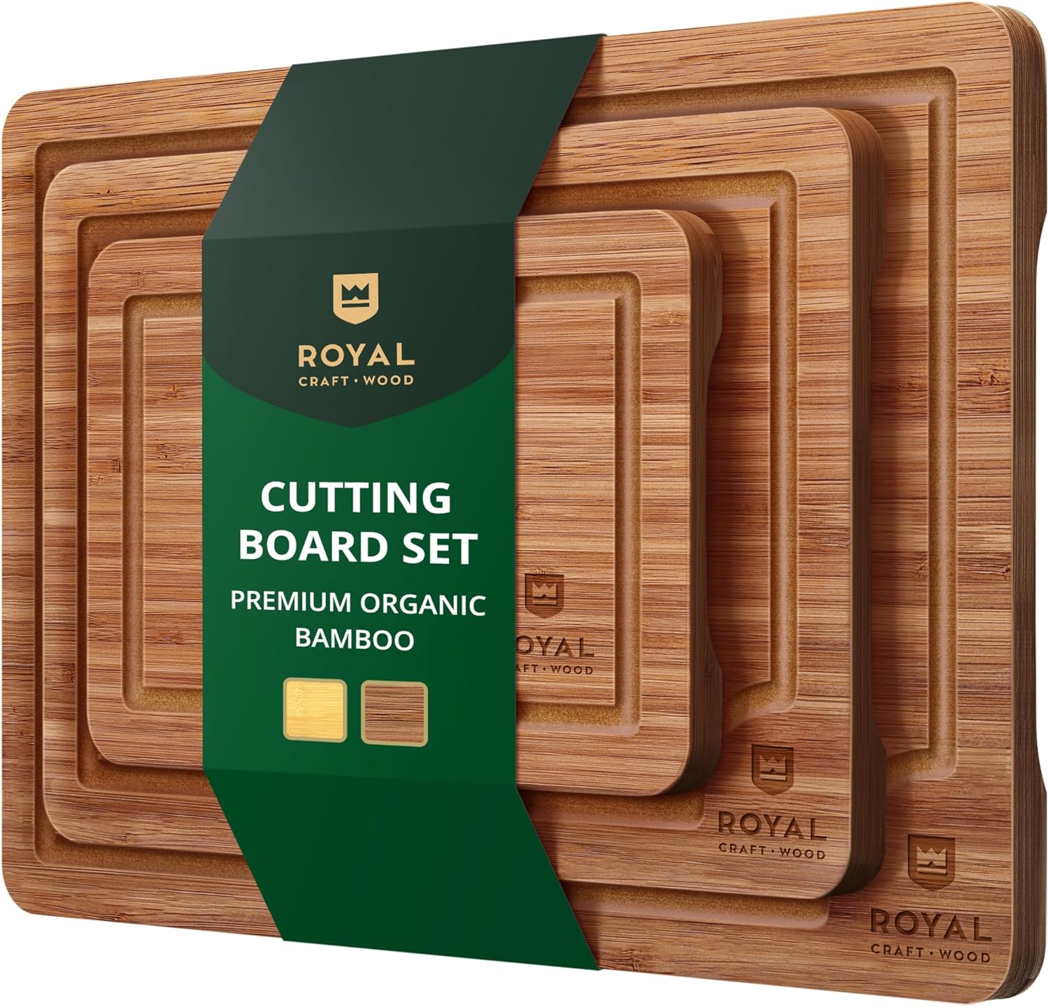 ROYAL CRAFT WOOD Wooden Cutting Boards for Kitchen Meal Prep & Serving - Bamboo Wood Serving Board Set with Deep Juice Groove Side Handles - Charcuterie & Chopping Butcher Block for Meat (3 Pcs)