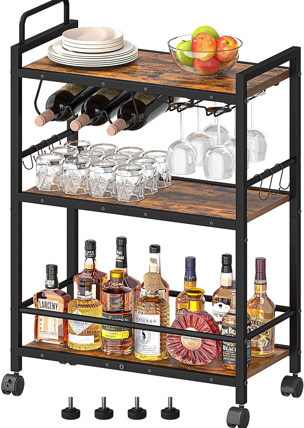 Bar Cart, Serving Cart for Home, Microwave Cart, Drink Cart, Mobile Kitchen Shelf with Wine Rack and Glass Holder, Rolling Beverage Cart for Dining Room(Rustic Brown and Black)