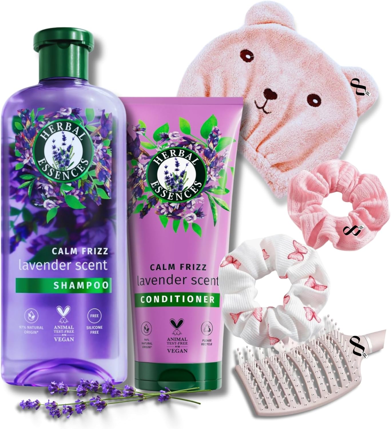 Silicone Free Calm The Frizz Vegan Shampoo and Conditoner Set bundle with Herbal Essences Lavender 350ml Shampoo,250ml Conditioner & Infinite Emblems Hair Care Drying Cap Brush,Scrunchies.