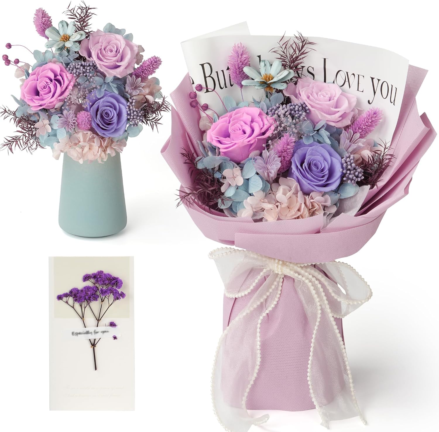 Preserved Flowers Bouquet,Christmas Rose Flowers with Gift Box,Birthday Gifts for Women,Purple Rose Bouquets Last 3-5 Years Forever Flowers for Christmas,Thanksgiving,New Year,Valentines,Mothers