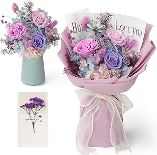 Preserved Flowers Bouquet,Christmas Rose Flowers with Gift Box,Birthday Gifts for Women,Purple Rose Bouquets Last 3-5 Years Forever Flowers for Christmas,Thanksgiving,New Year,Valentines,Mothers