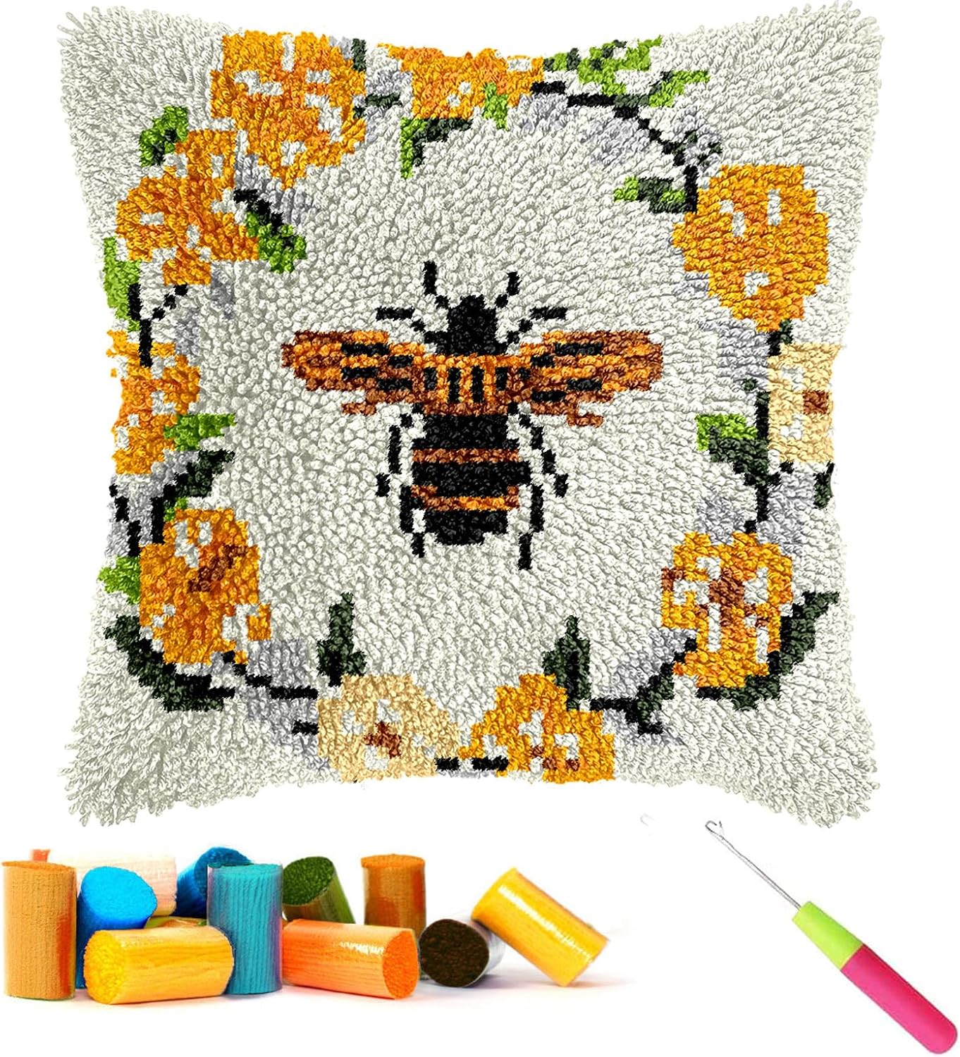 CCWORAN Bee Latch Hook Kits for Adults Beginners Cushion Craft Kits Animal Pillow Cover Making Crochet Pre Printed Canvas Wool Yarn Hobbies DIY Sofa Home Decor Women Gift 5